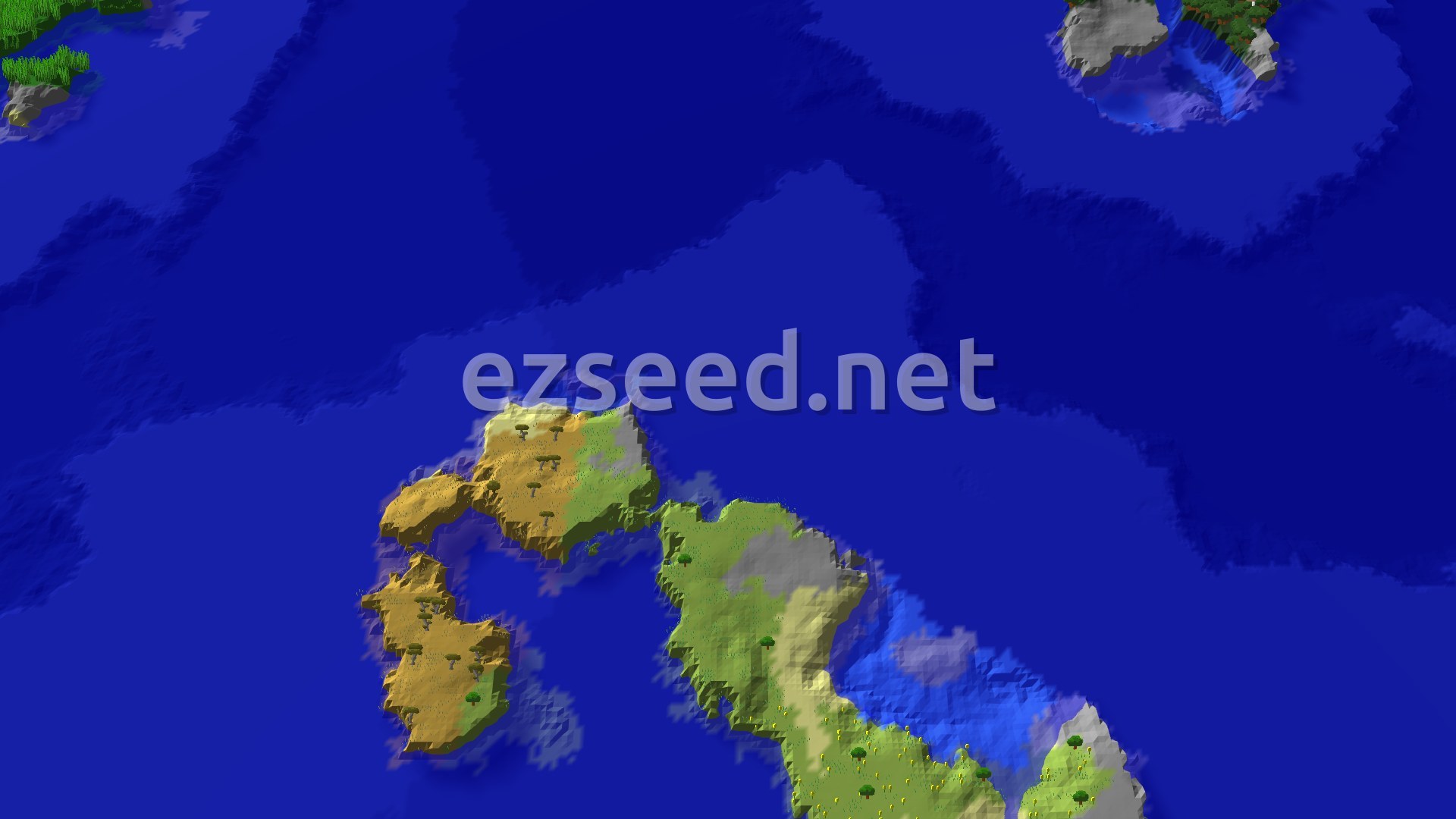 A 3D fly-over of a world dominated by blue ocean, with several islands featuring green forests, tan savannas, and some grey, rocky terrain, with a small spawn marker in the center.