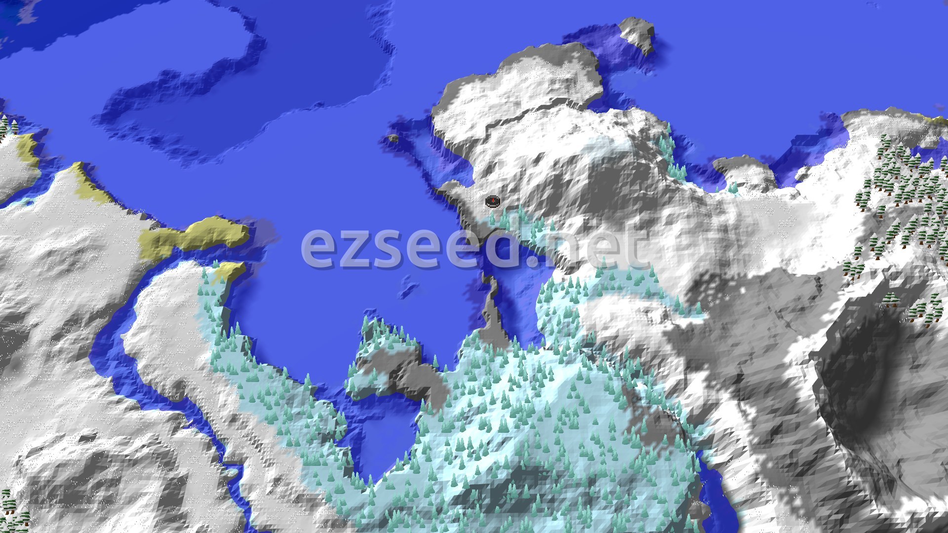 A bird's-eye view of a snowy landscape with mountains, frozen rivers, and a large frozen ocean. A small spawn marker is visible in the center.