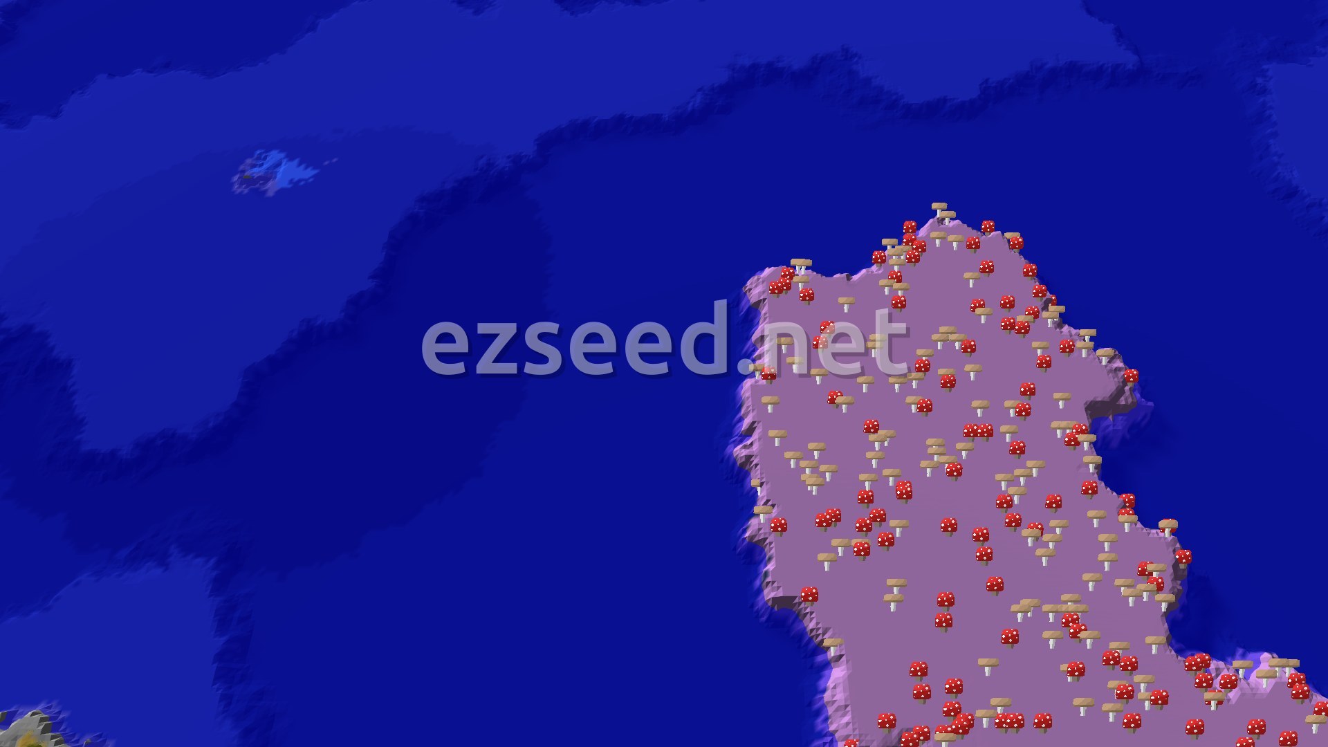 An aerial view shows a large purple island covered in red and brown mushrooms, surrounded by deep blue ocean water. A tiny spawn marker is visible in the upper left, near the water.