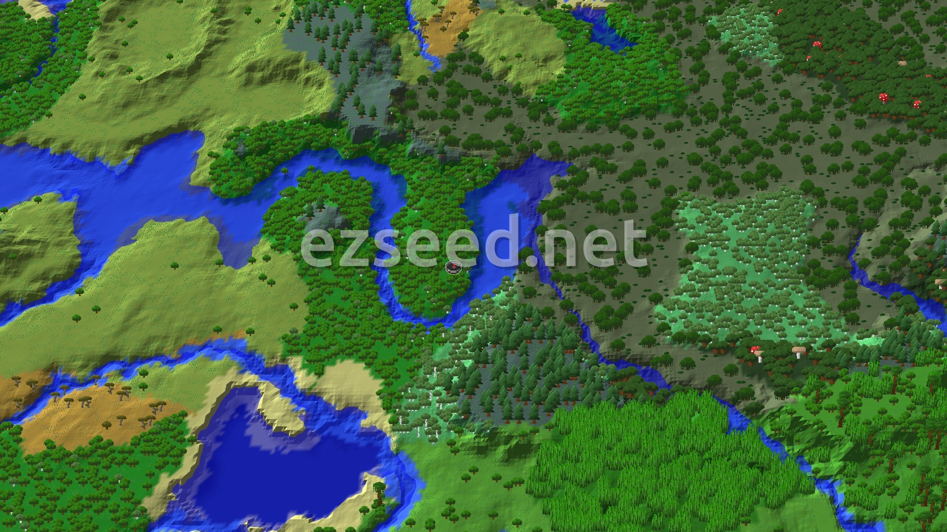 A bird's-eye view of a varied landscape, showing a winding river through forests, a small beach, and a distant savanna, with a spawn marker in a dense forest area.