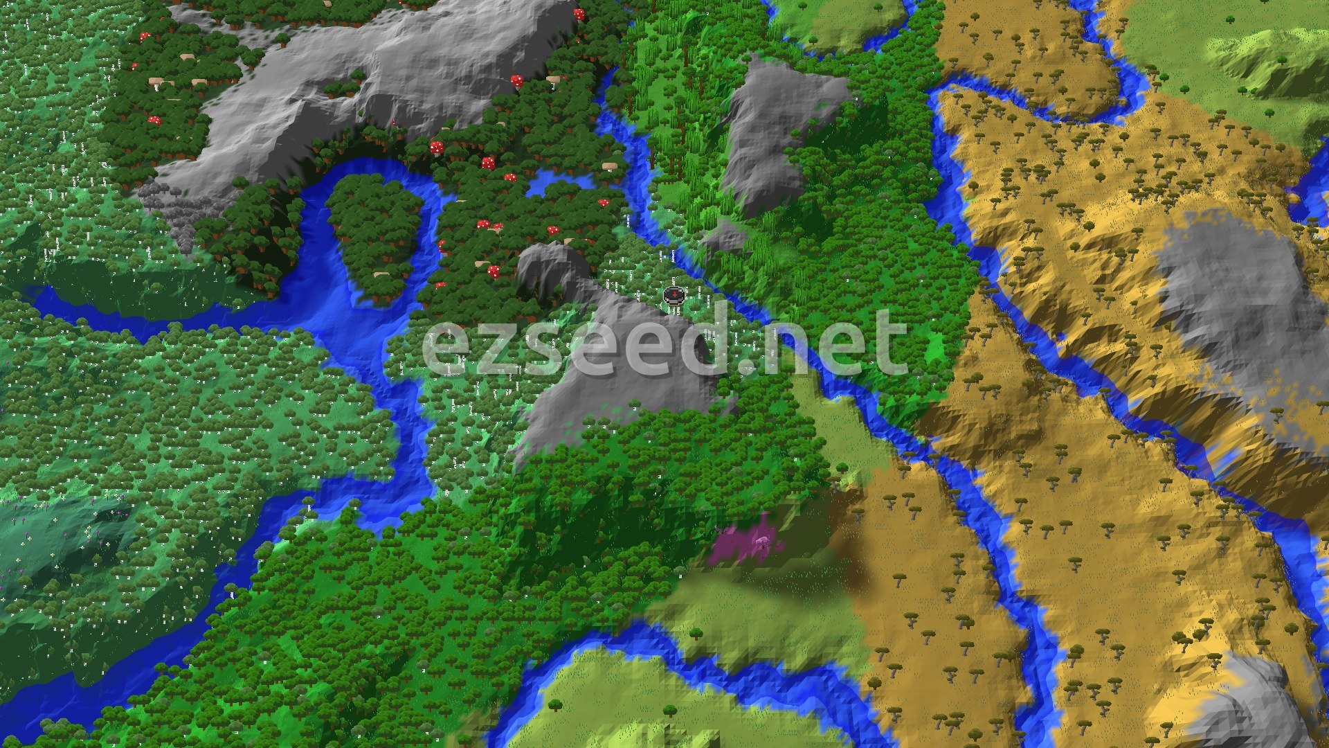 A bird's eye view of a varied landscape featuring a central spawn point surrounded by birch forests, savannas, and rivers, with a few grey mountains in the distance.