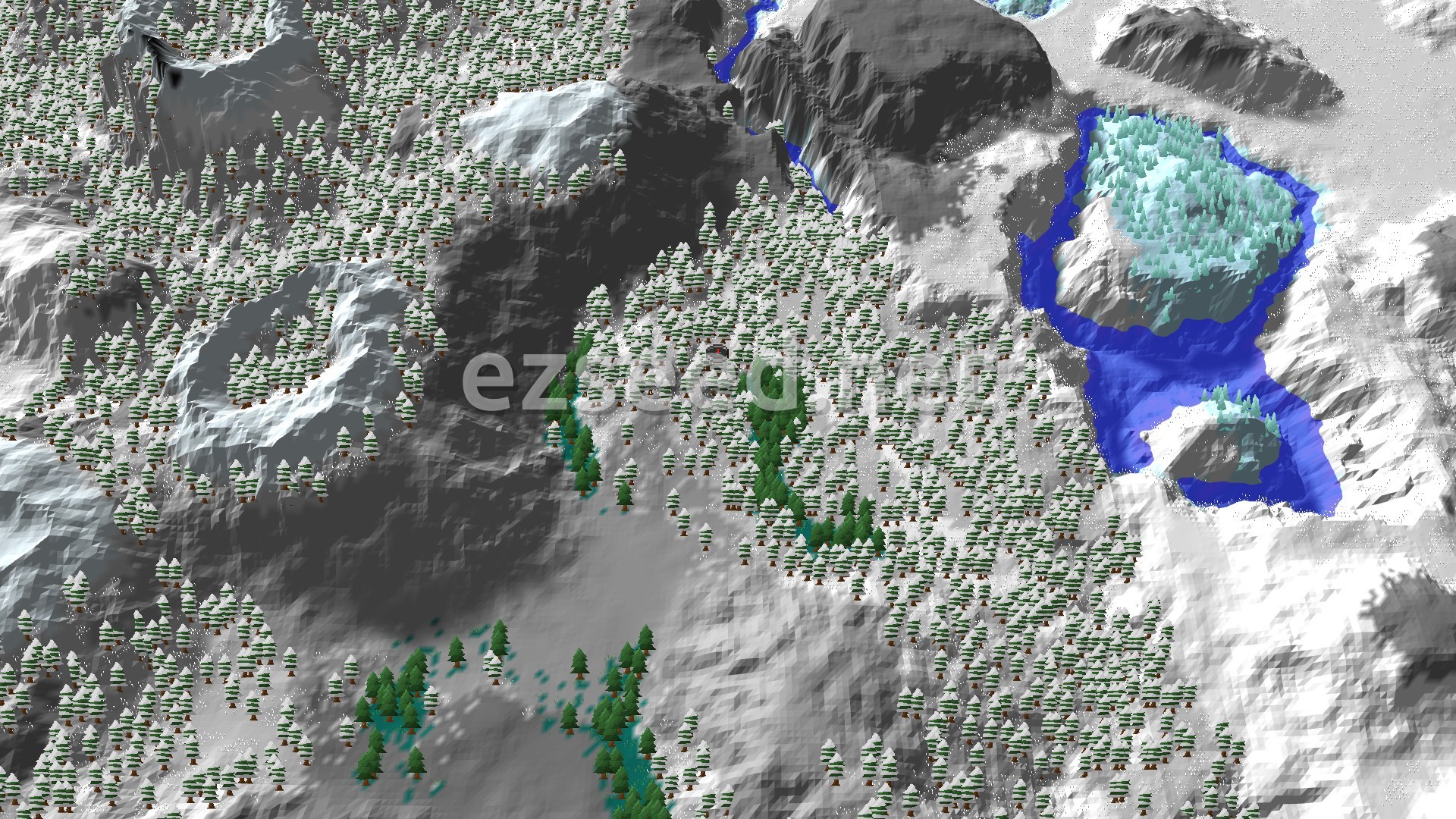 A 3D overhead view of a snow-covered mountain landscape with evergreen trees and a frozen river, centered on a small red spawn marker.