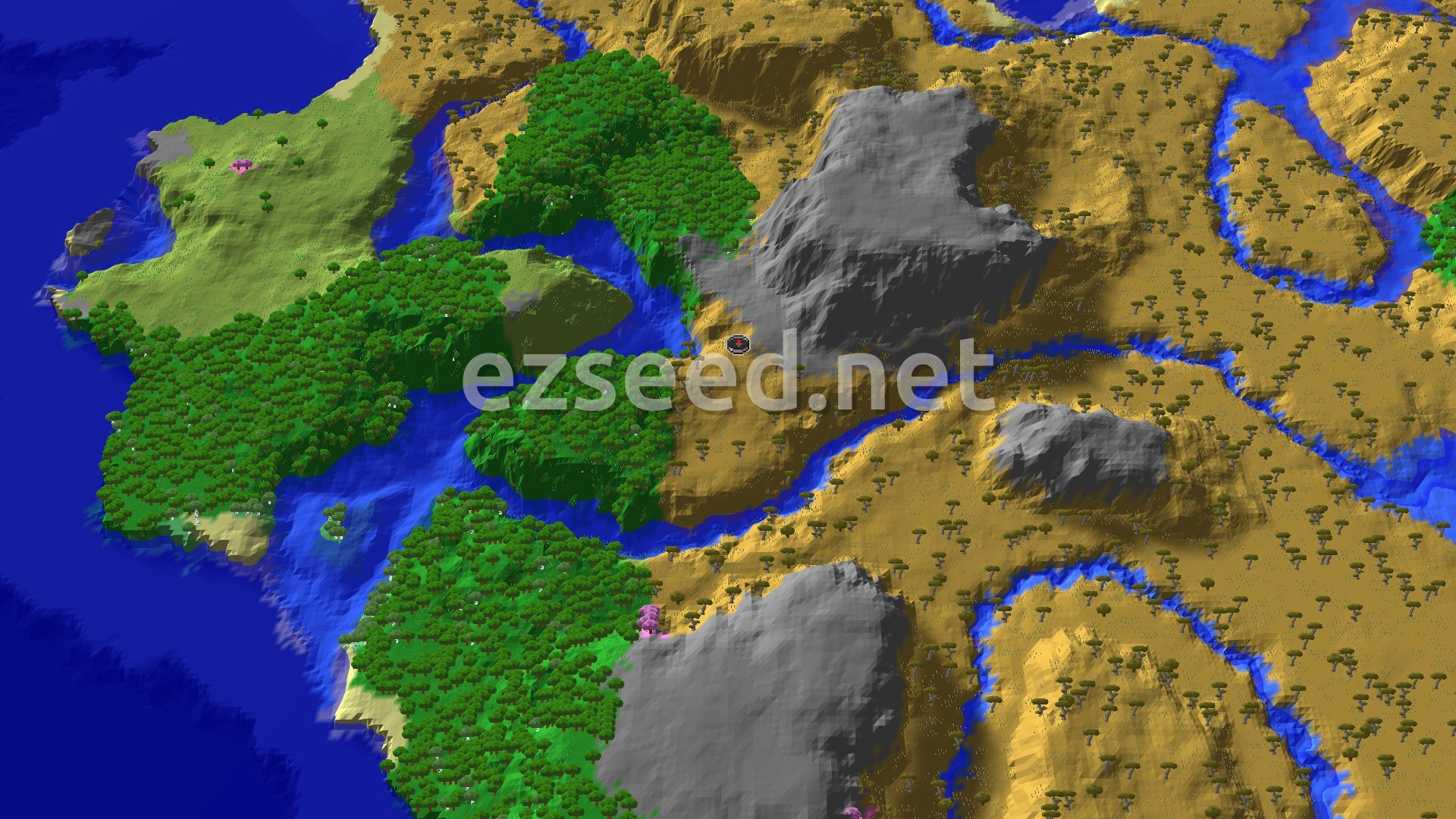 A bird's-eye view of a Minecraft world, showing a mix of Savanna biomes with scattered acacia trees, darker green Forest biomes, winding rivers, and some grey mountains, with a small spawn marker near a mountain.