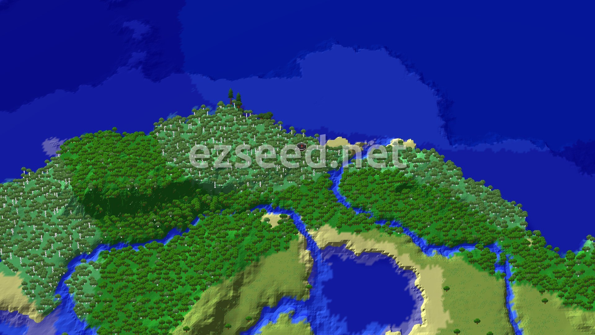 A sweeping view of rolling hills covered in birch and other deciduous trees, with an ocean visible in the distance under a clear sky.