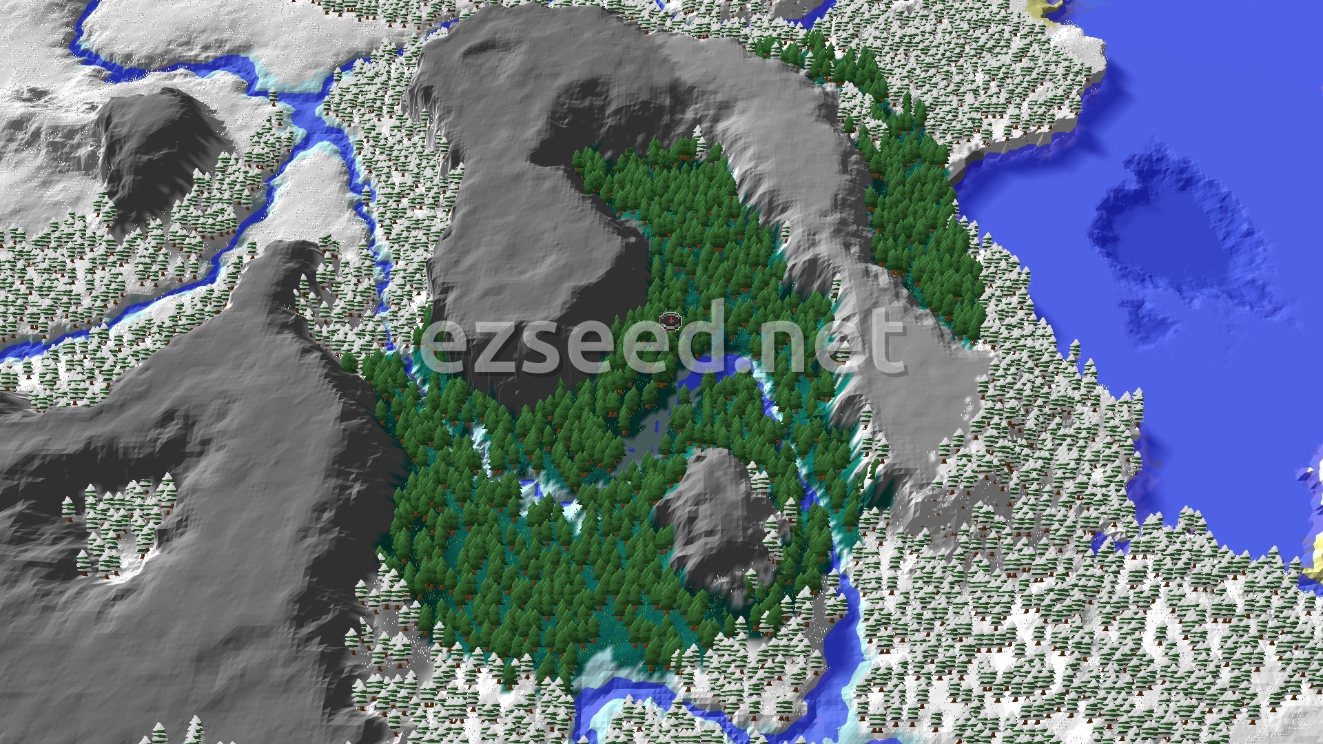An overhead view of a taiga forest nestled between snowy mountains and frozen rivers, with a blue ocean to the east.