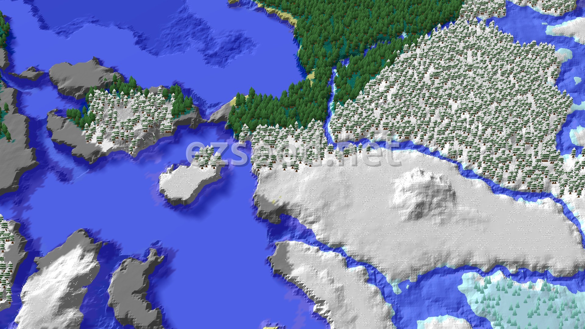 Aerial Minecraft seed map — Ice Spikes Spawn with Nearby Village and Nether Portal