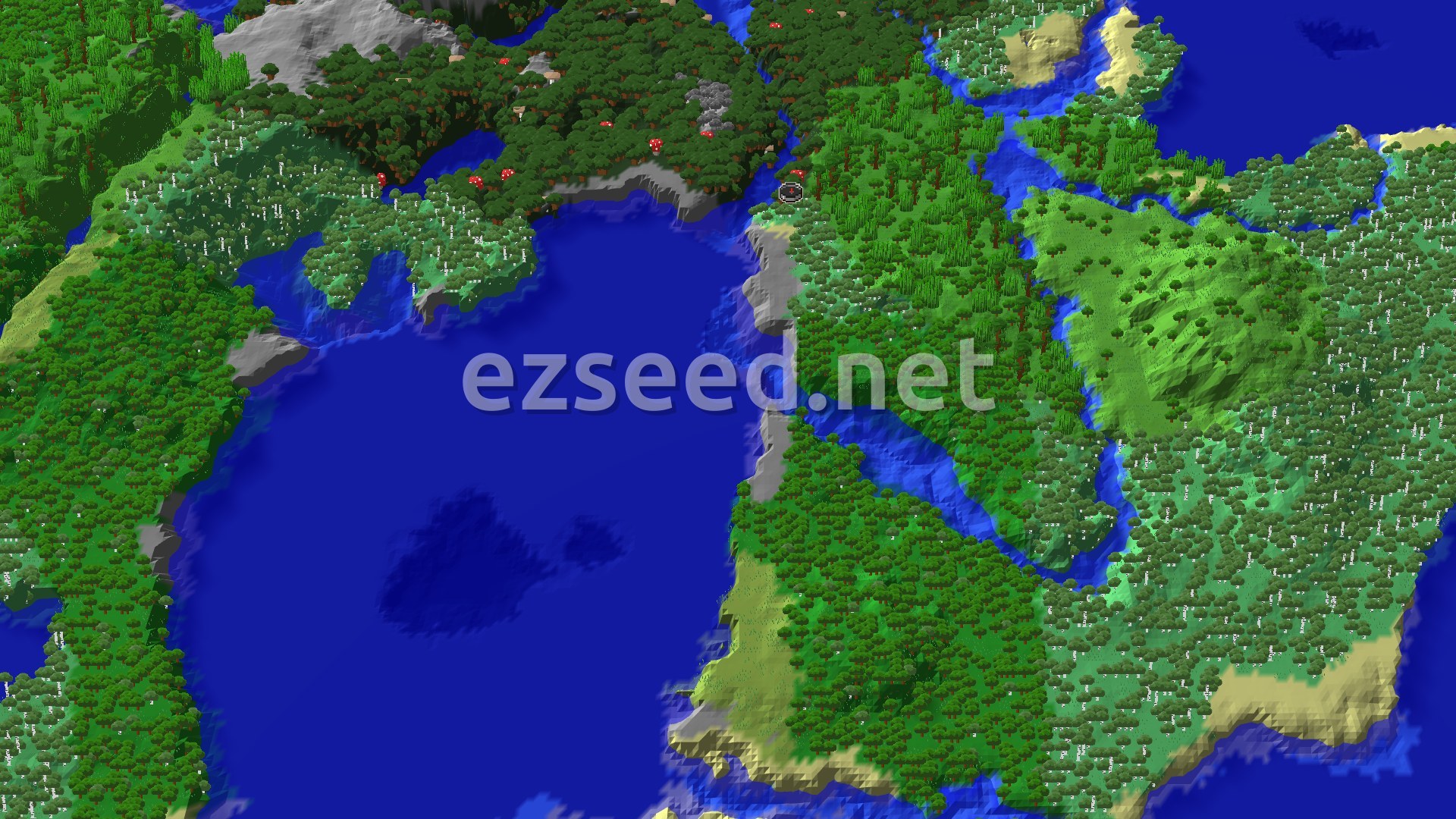 An overhead view of a diverse landscape with a spawn marker. To the left is a large ocean. The landmass features dense green forests, lighter green birch forests, and some darker forest patches. A river meanders through the terrain. There are also some gray stony areas and patches of sandy beach.