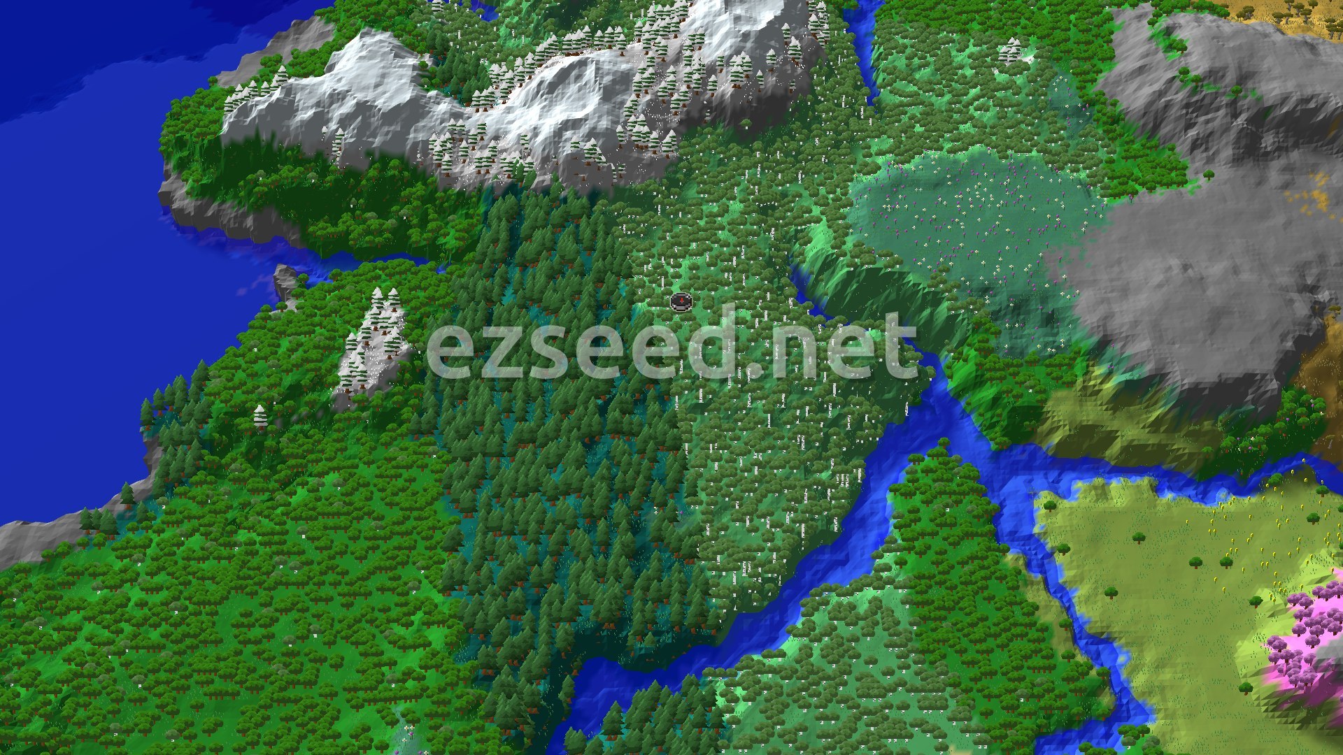 An aerial view of a dense birch forest with patches of taiga and a winding river, under a clear sky.