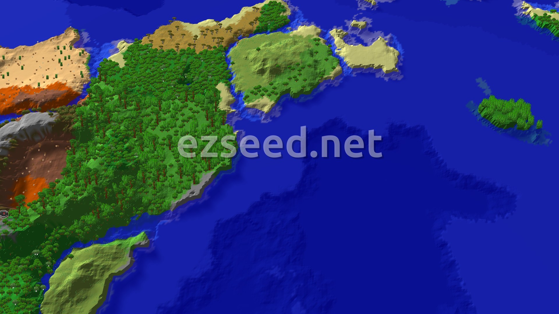 A 3D fly-over shows a dense forest at the center, bordered by badlands and a large ocean. Hills and varied terrain are visible, with a small spawn marker in the forest.