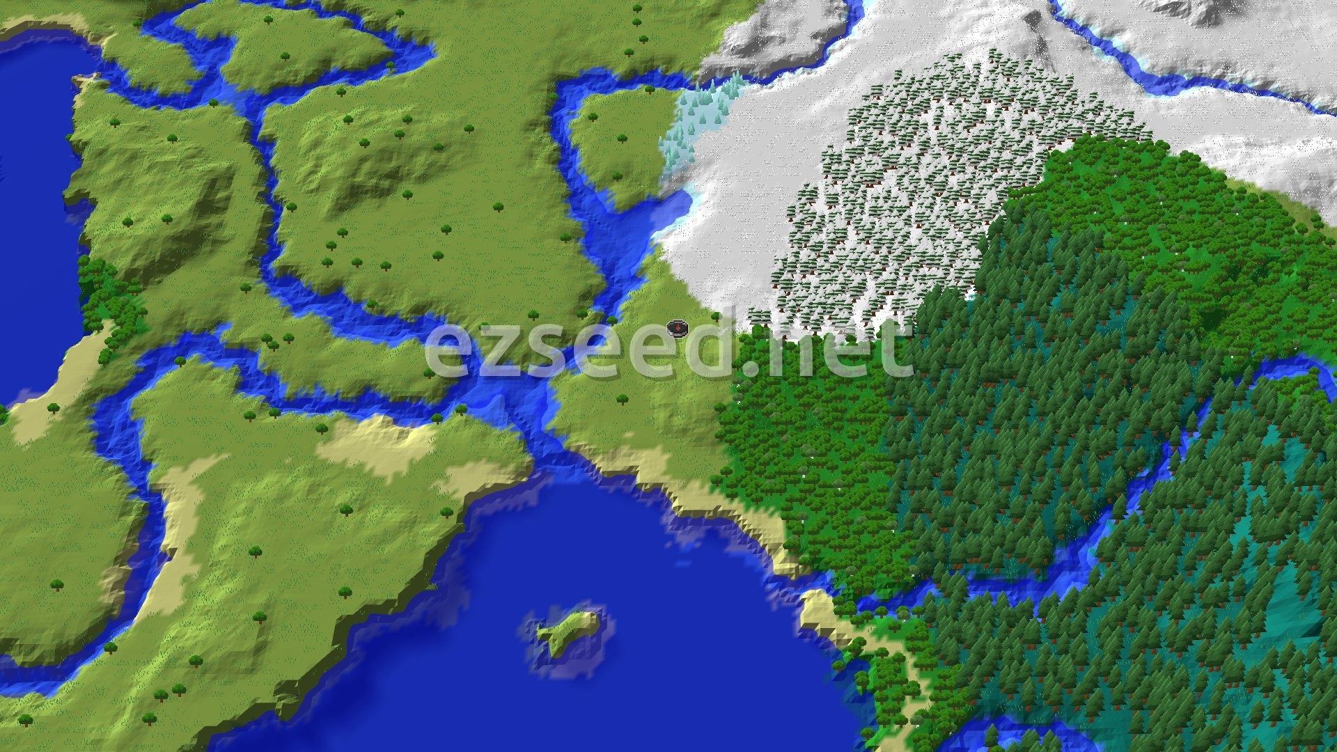 A bird's-eye view of a Minecraft landscape showing green plains, a dark green forest, and a large white snowy area with ice spikes, bordered by blue rivers and an ocean. A small spawn marker is visible in the center.