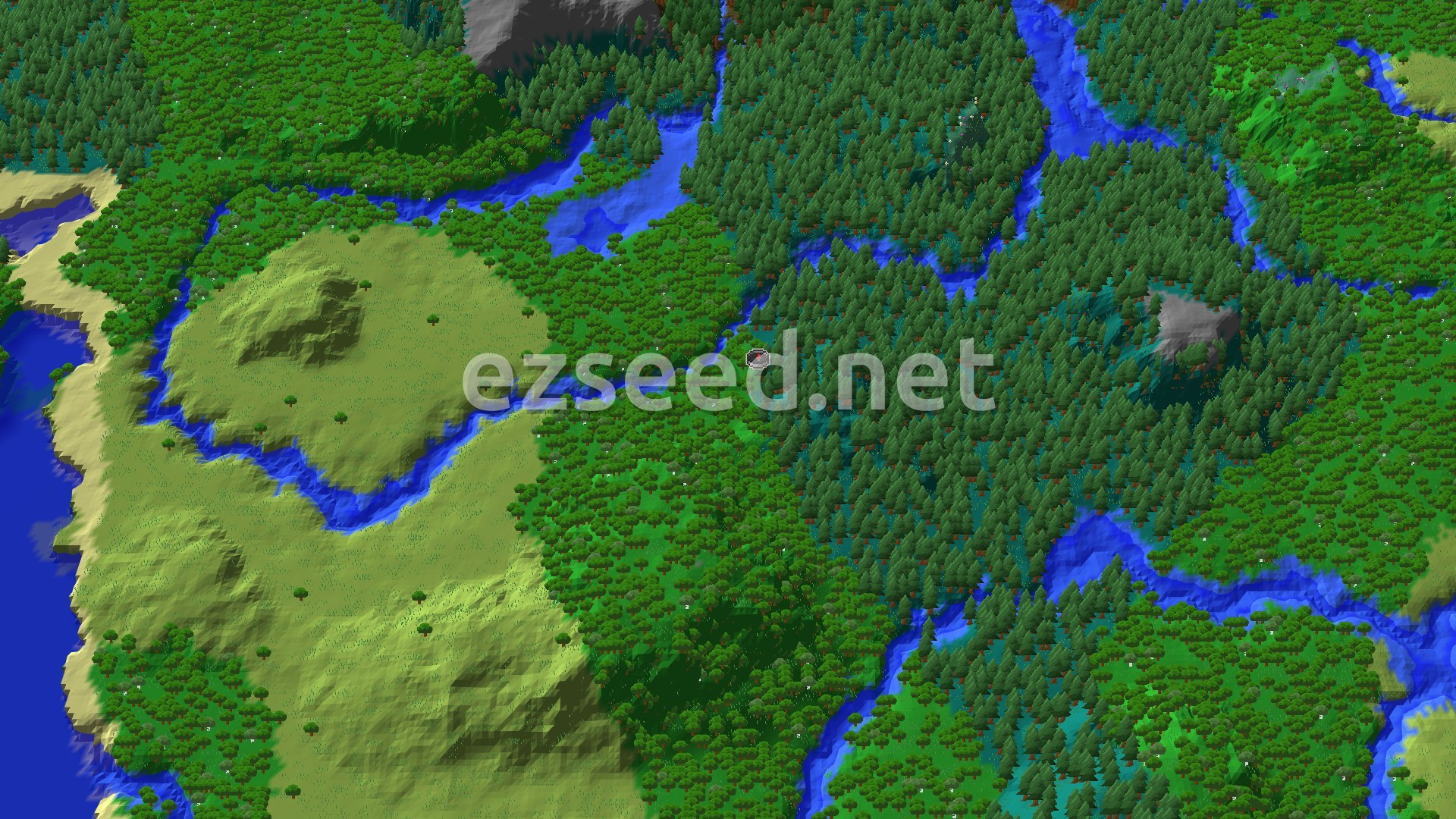 An overhead view of a diverse forest landscape with a river winding through it and patches of plains, beaches, and a small mountain. A spawn marker is visible near the center.