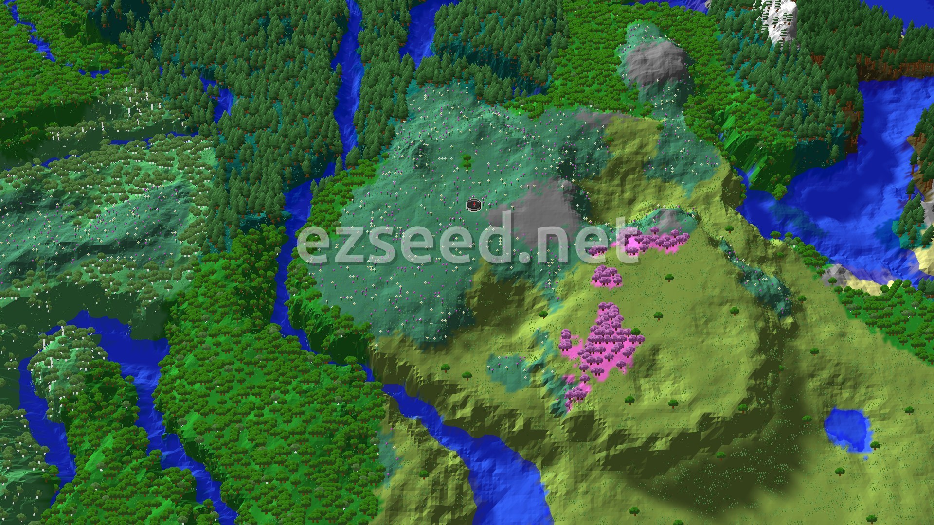 A 3D fly-over of a varied terrain, showing green meadows, dense forests, winding blue rivers, and a small patch of pink cherry trees, with a spawn marker in the center.