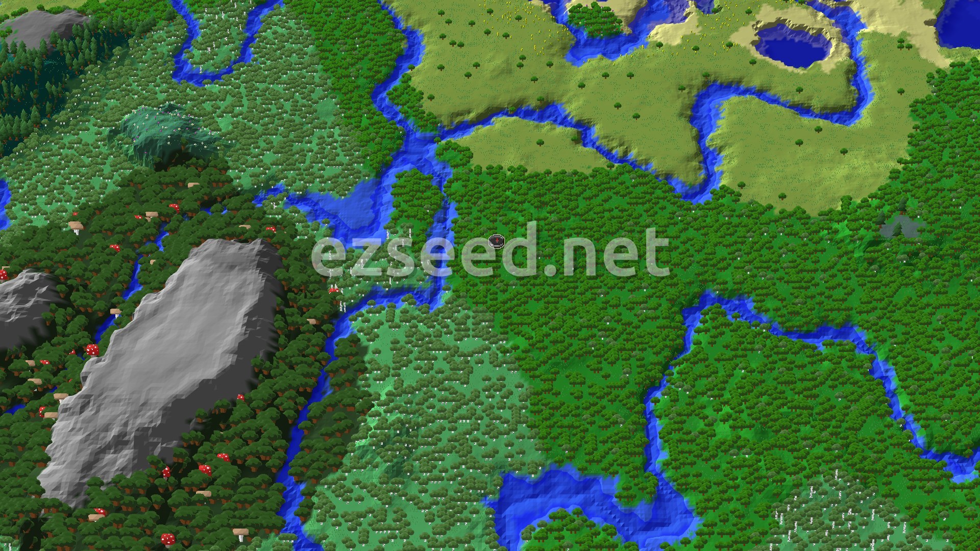 A 3D fly-over of a dense forest biome with rivers winding through, a large grey mountain to the southwest, and lighter green plains to the north.