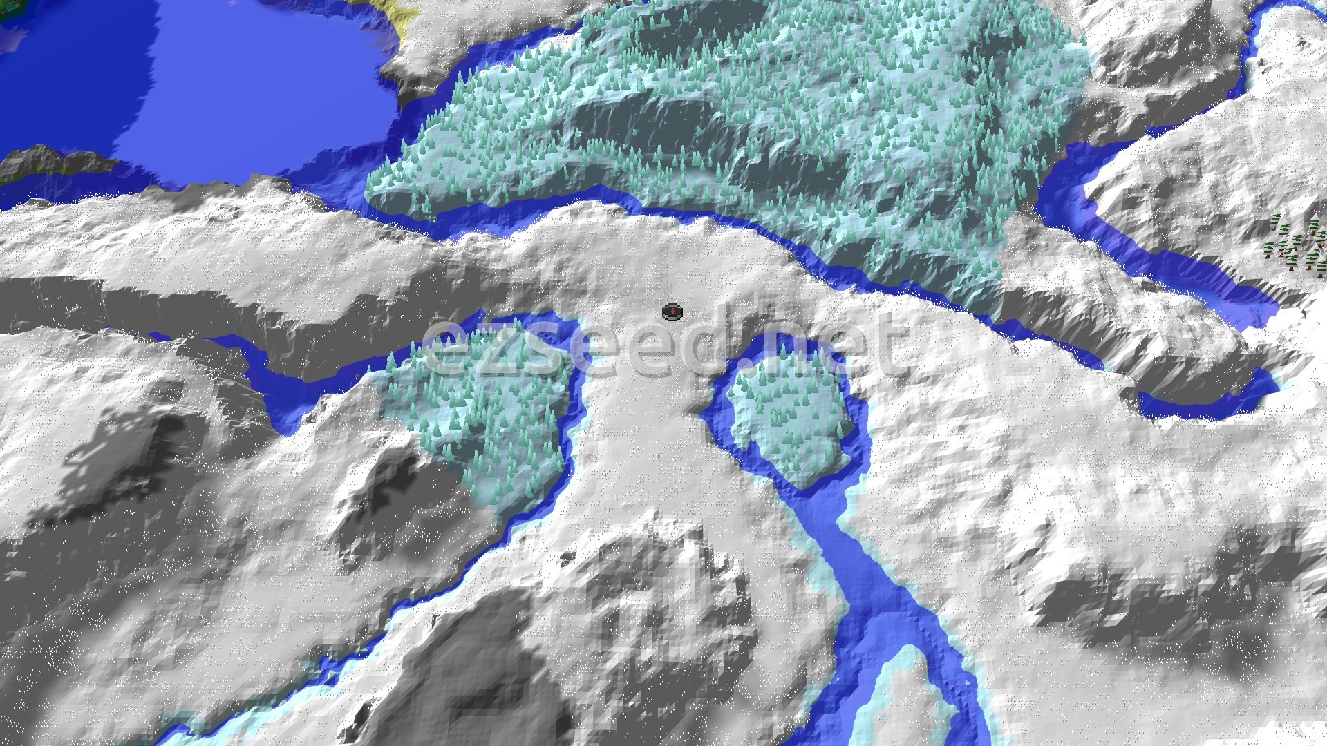 Aerial Minecraft seed map — Snowy Plains Spawn with Nearby Ancient City