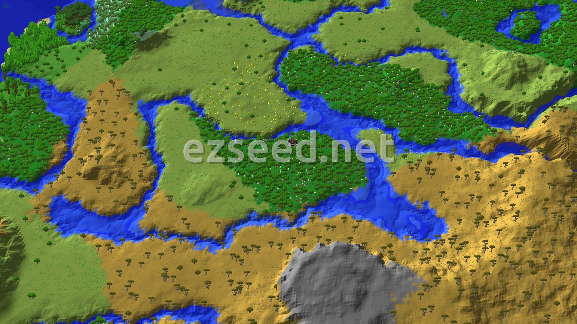 Aerial Minecraft seed map — Flower Forest Spawn with Nearby Trial Chambers