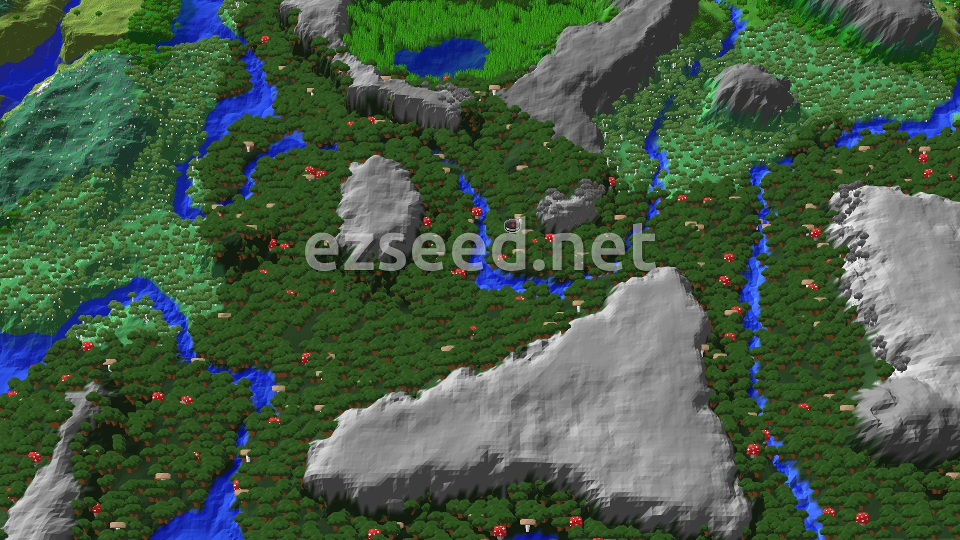A bird's-eye view of a dark forest interspersed with rivers, featuring some large grey rock formations and scattered red mushrooms.
