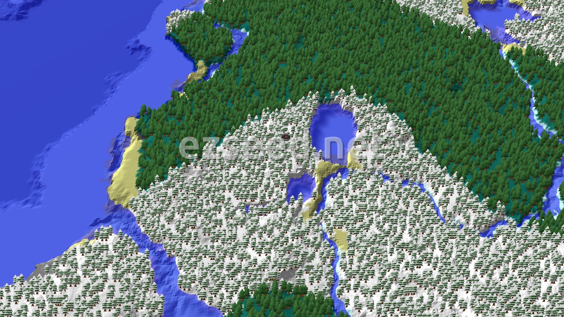 An aerial view of a snowy taiga forest with many evergreen trees, interspersed with patches of regular taiga, and a large frozen body of water to the west. A small lake is visible near the center.