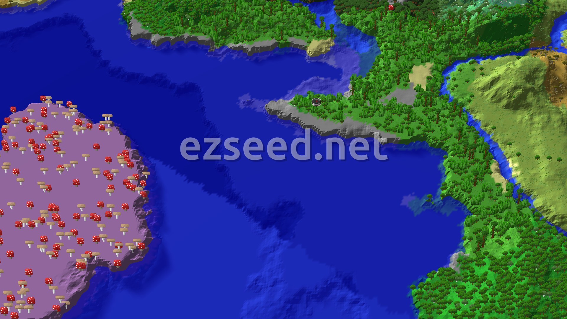 An aerial view of a dense jungle bordering a warm ocean, with a small patch of beach visible. The terrain is mostly flat, covered in trees, with a marker at the spawn point.