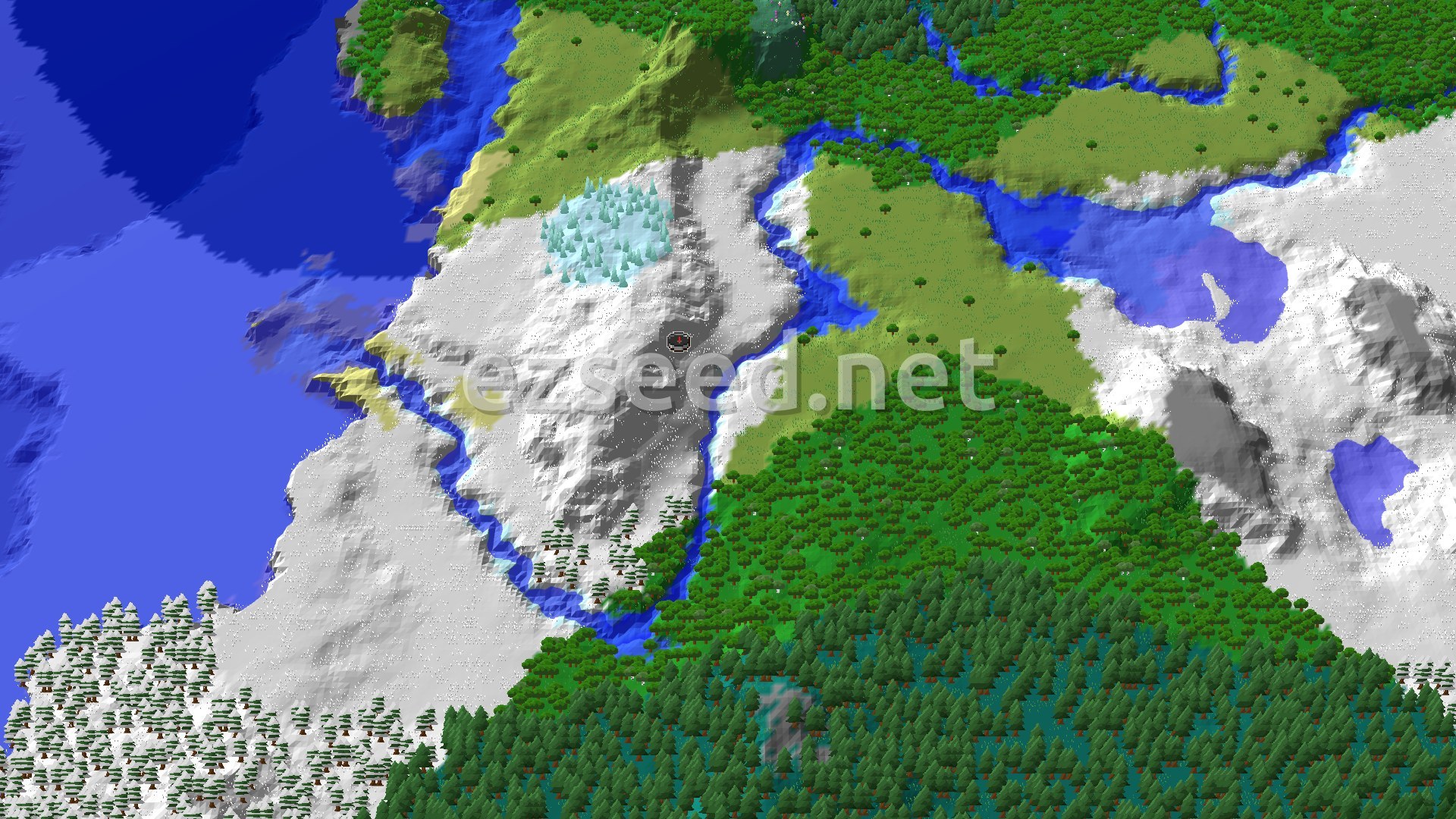 A snowy, mountainous landscape with a river running through it, transitioning into green forests and a large blue ocean.