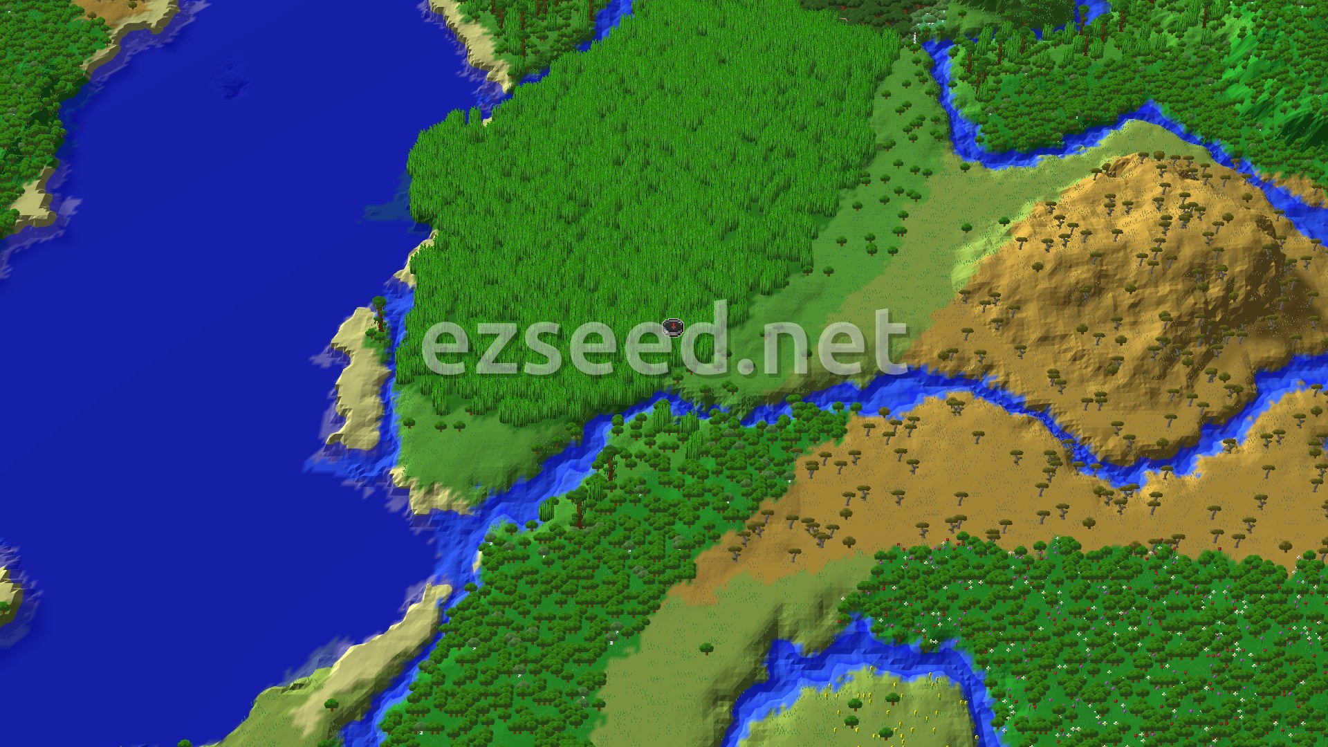 An aerial view shows a dense bamboo jungle surrounding the spawn point, with a large river to the west leading to an ocean, and a savanna biome with hills to the east.