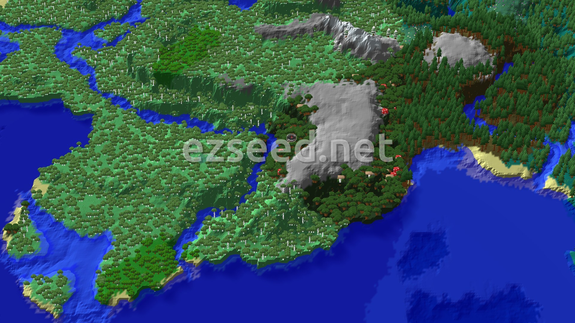 A 3D fly-over of a dark forest with tall trees and some lighter birch forests, alongside distant snowy mountains and a glimpse of ocean.