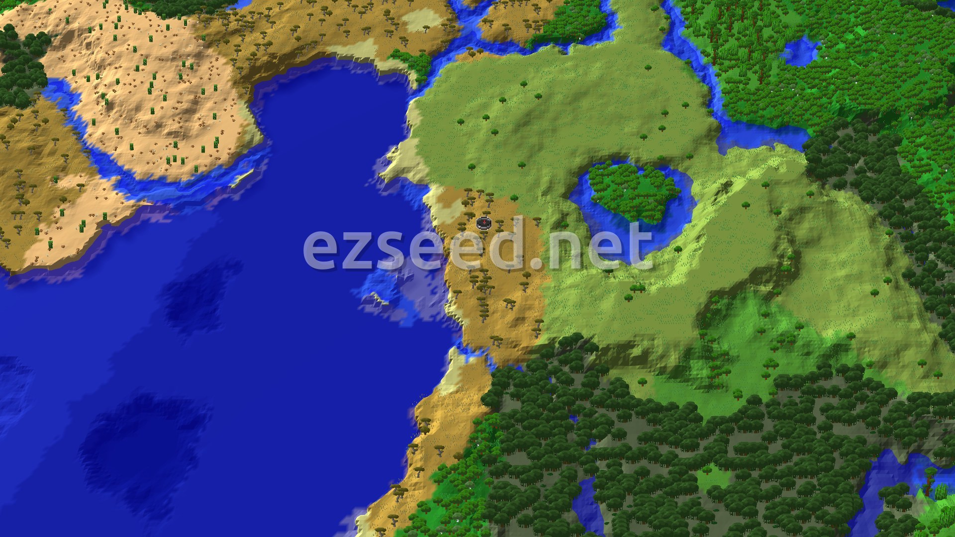 An aerial view of a varied landscape, showing Savanna terrain with scattered acacia trees, a coastline bordering a blue ocean, and a dense green forest inland.