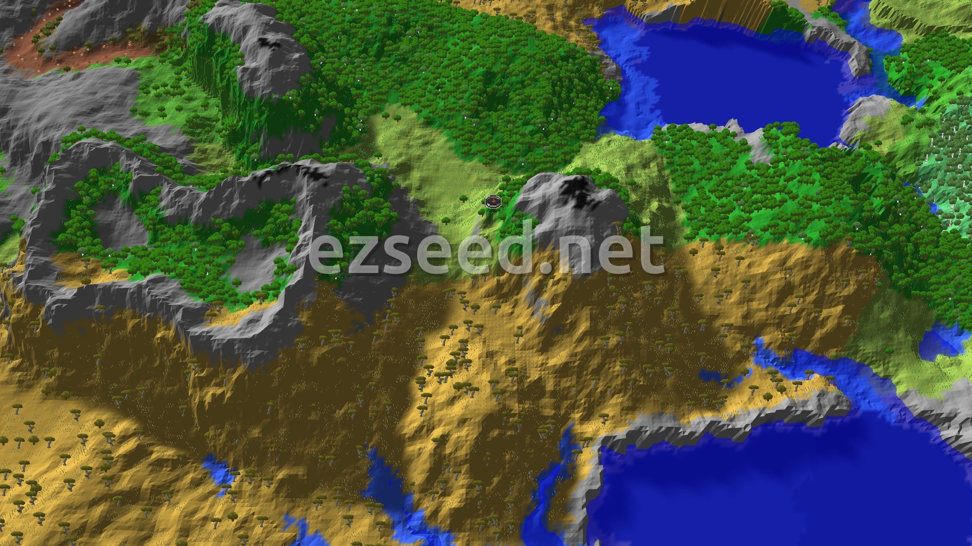 An aerial view showing a plains spawn nestled between mountains, forests, and a savanna, with water bodies nearby.