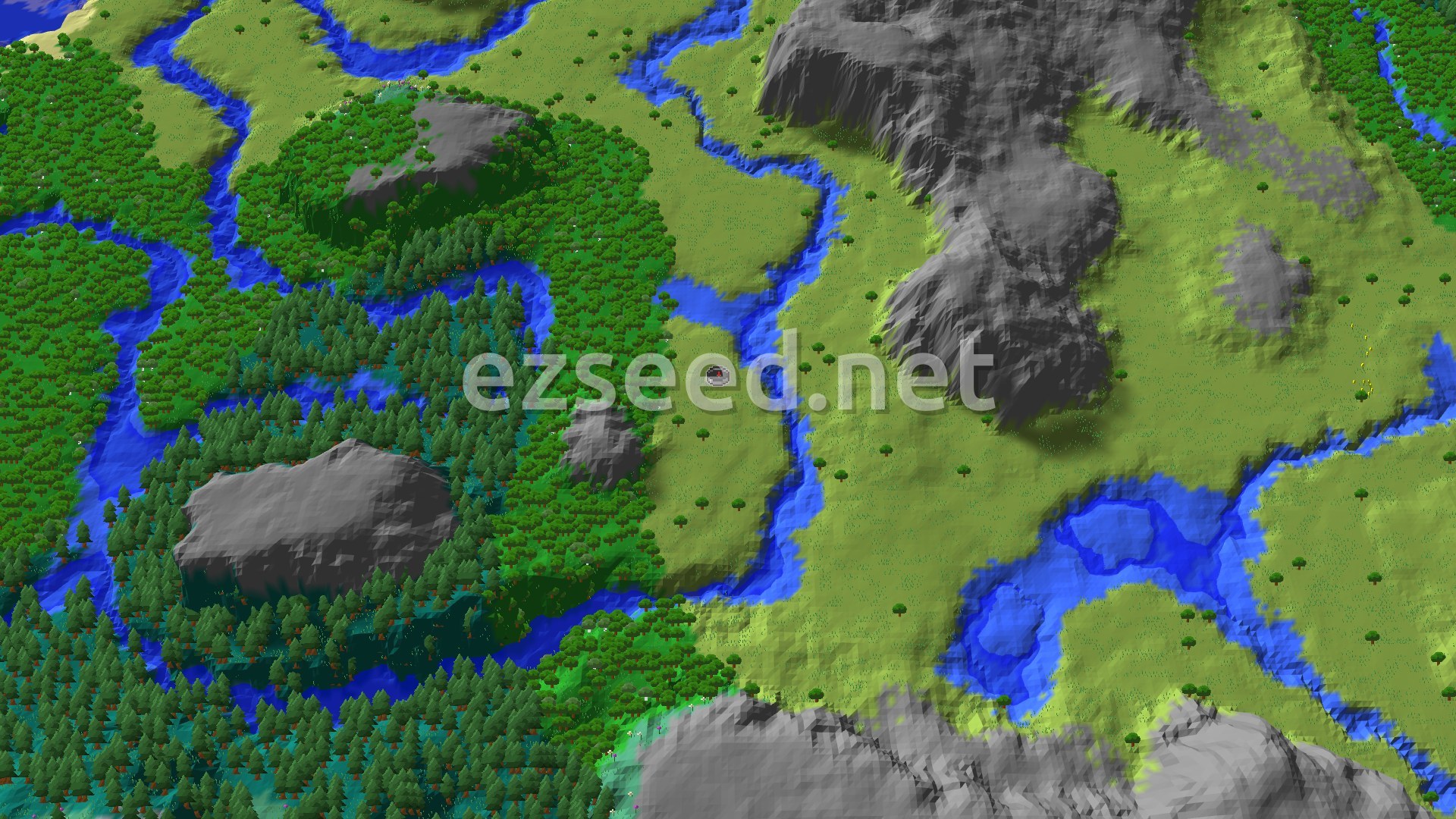 A 3D fly-over of a grassy plains biome with several rivers, patches of forest, and some rocky hills.