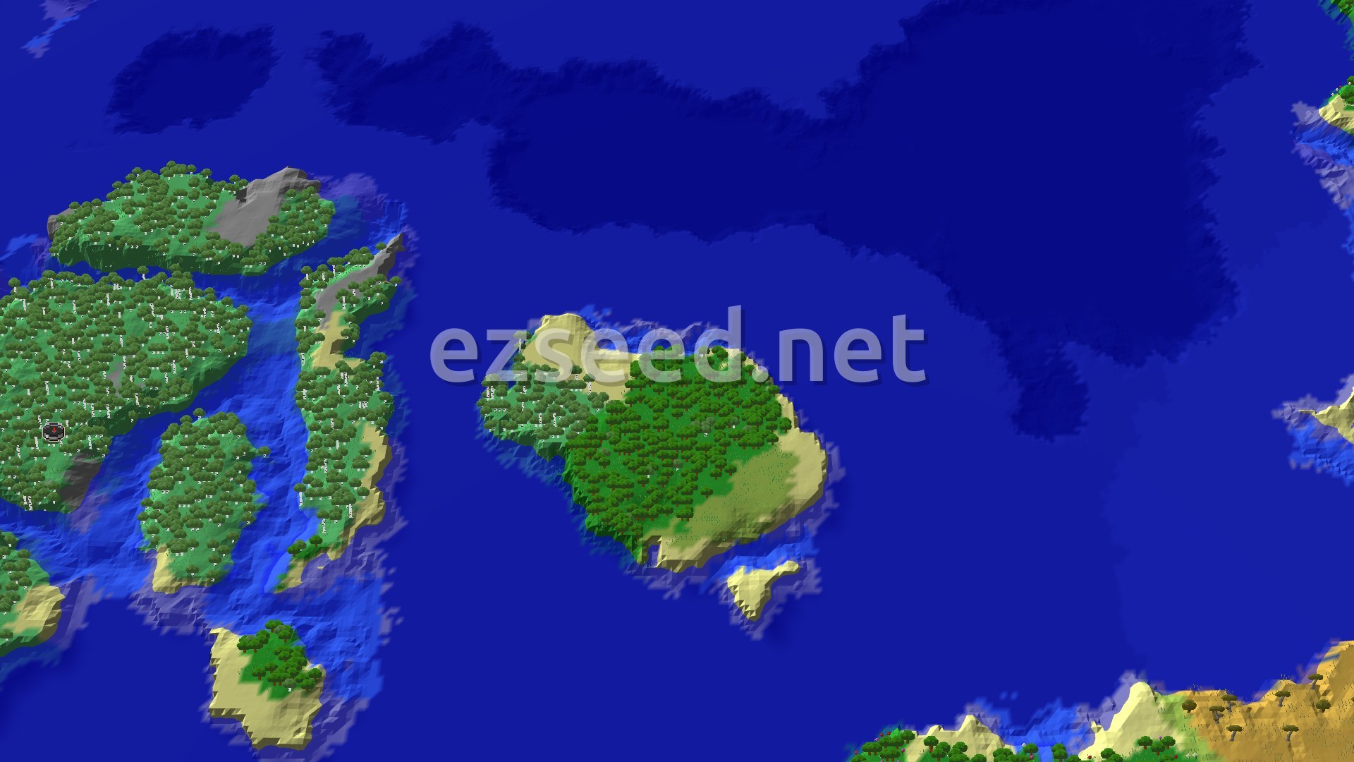 A 3D overhead view of a large, tree-covered island with a small spawn marker, surrounded by blue ocean and smaller islands.