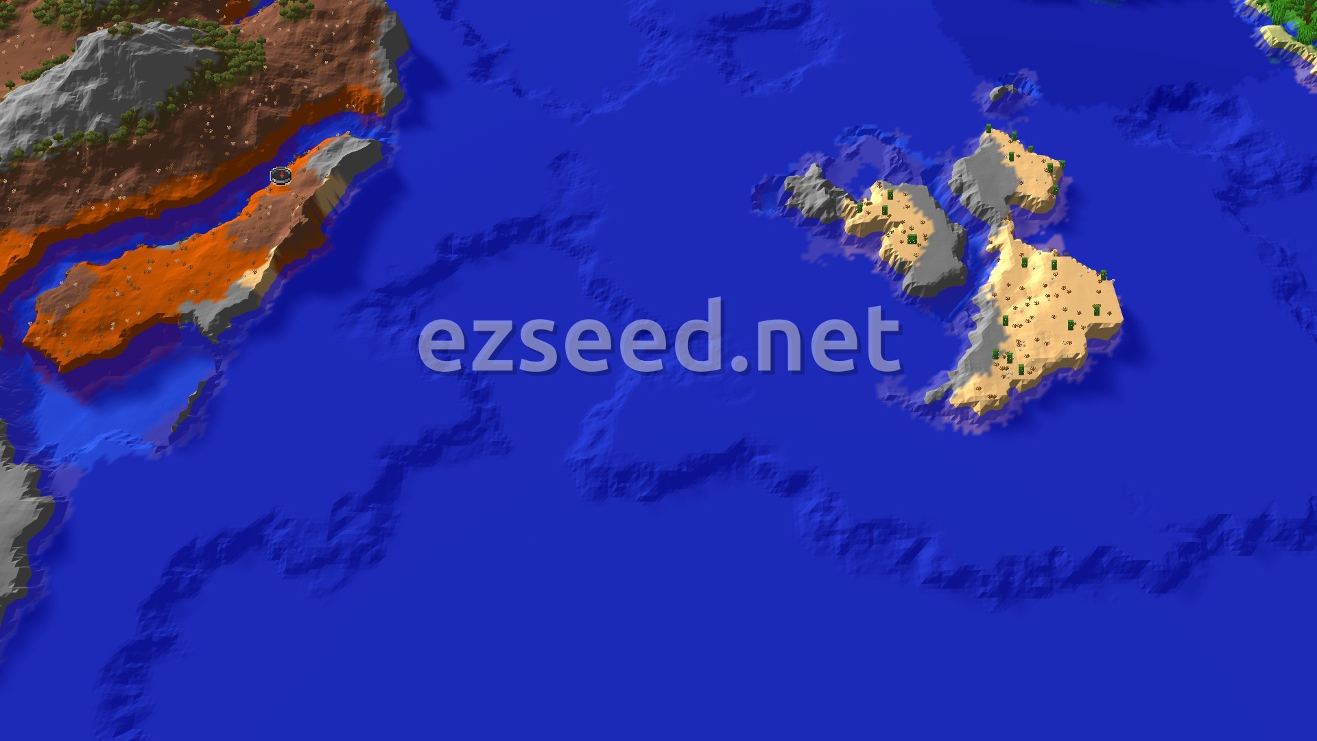 A narrow orange and brown badlands headland with a few dark trees juts into open blue water, with a small sandy island and grey rock outcrops to the east.