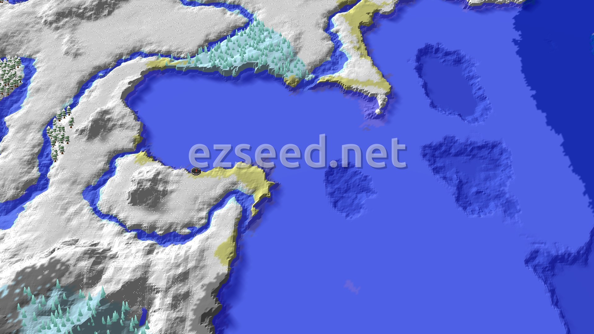 Snow-covered headlands and pale sand beaches curve around a wide frozen bay, with patches of snowy spruce on the shore and darker deep water offshore.