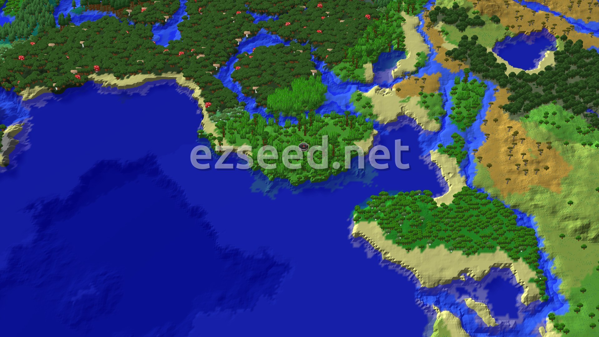 A small jungle headland with sandy edges juts into deep blue ocean, with dark forest and savanna on the land beyond.
