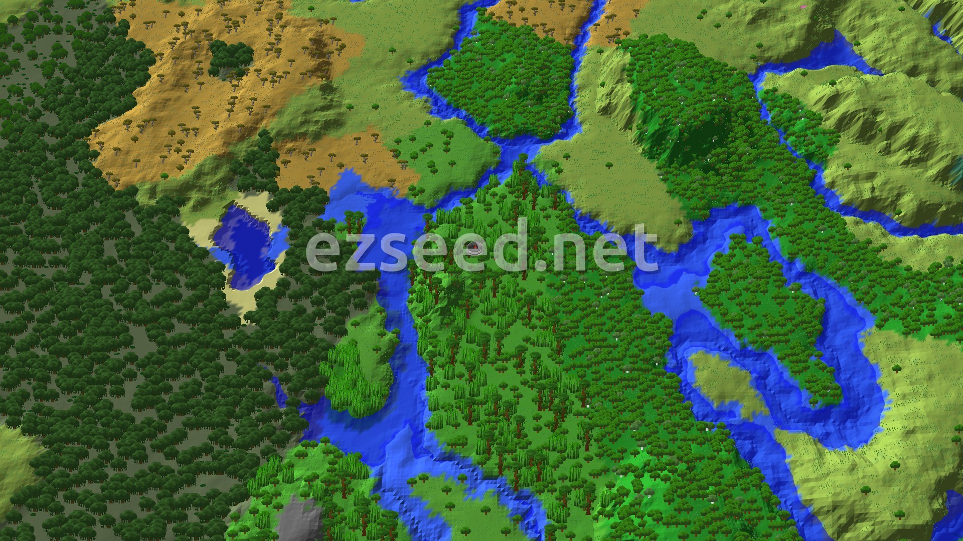 A lush, green landscape with dense jungle trees, winding rivers, and a large body of water, with hills and some savanna in the distance.