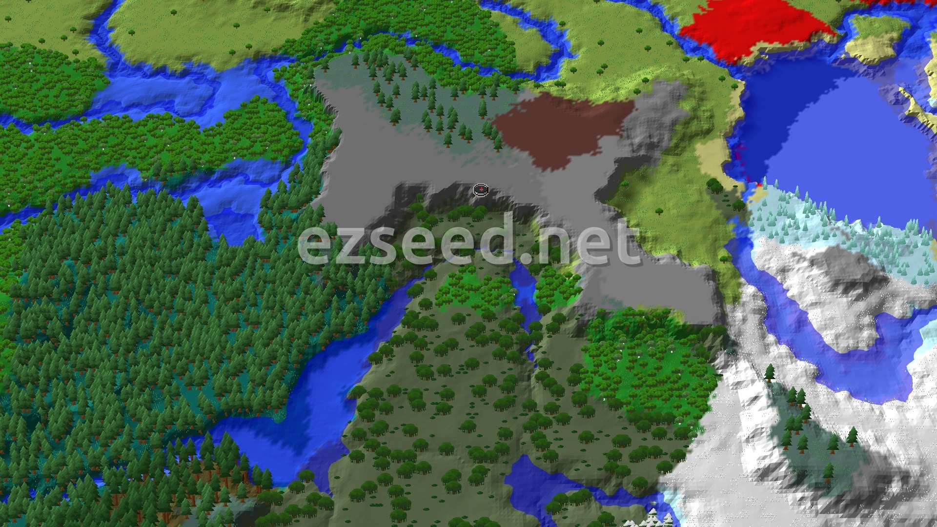An aerial view shows a sprawling forest biome bordering a swamp, with jagged windswept hills and a snowy region featuring ice spikes in the distance.