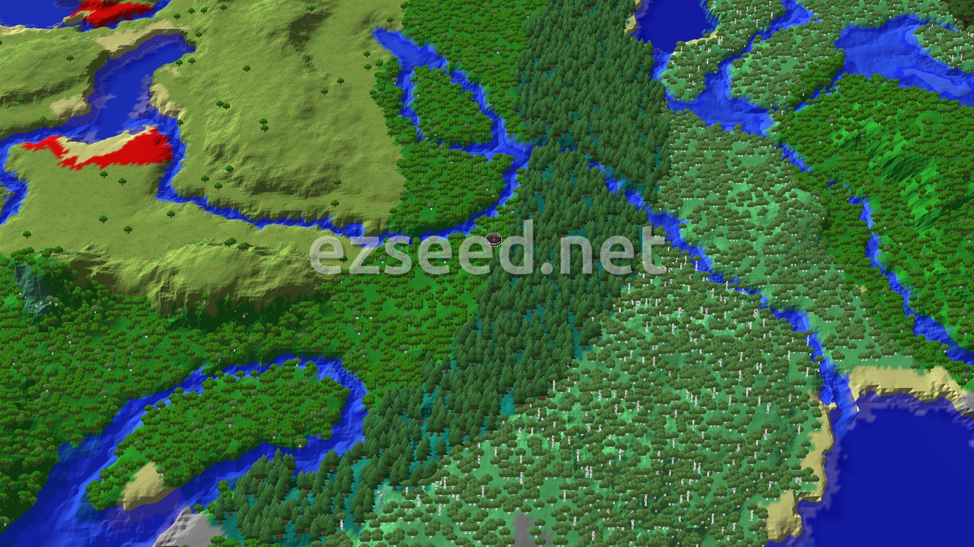 A fly-over of forest and dark taiga spruce bands, birch woodland to the east, blue rivers cutting through, and open plains hills to the northwest.
