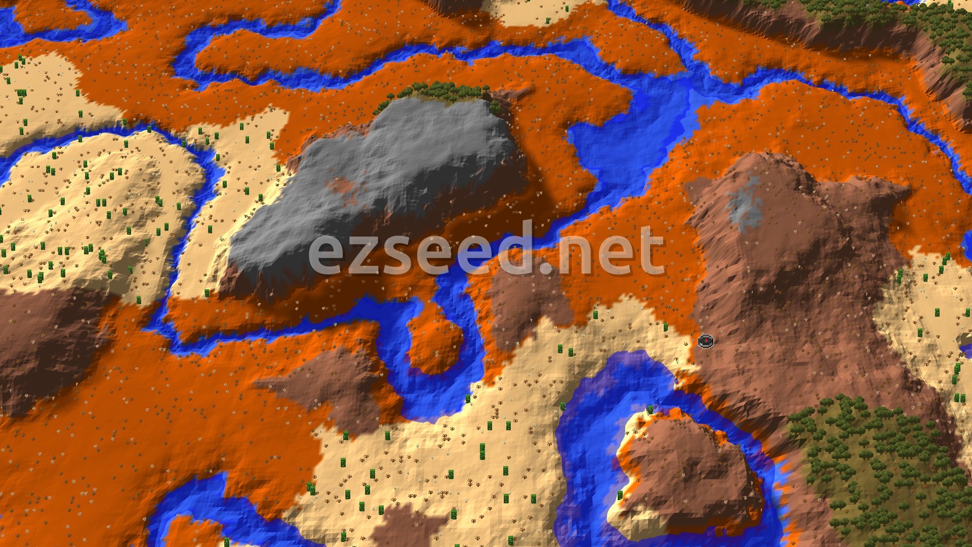 An aerial view showing a diverse landscape with orange and brown badlands, light yellow desert, and blue rivers winding through. A prominent grey mountain stands in the upper left, and green trees dot the landscape, particularly in the lower right.