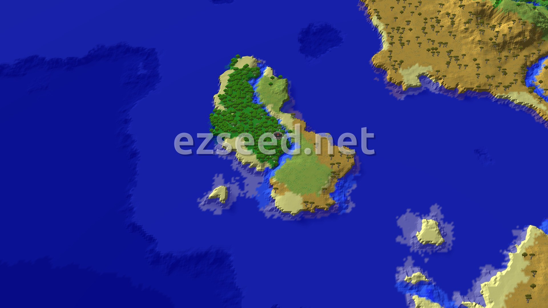 A bird's-eye view of a forested island surrounded by ocean, with smaller islands and a savannah coastline visible in the distance.