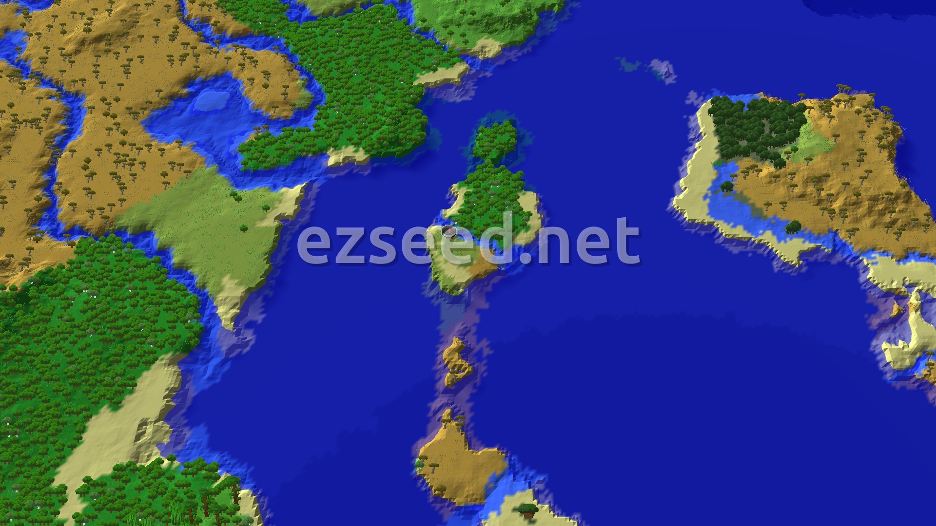 A 3D overhead view of a large island surrounded by blue ocean, with patches of green forest, lighter green plains, and tan savannas. A small spawn marker is visible near the center of the island.