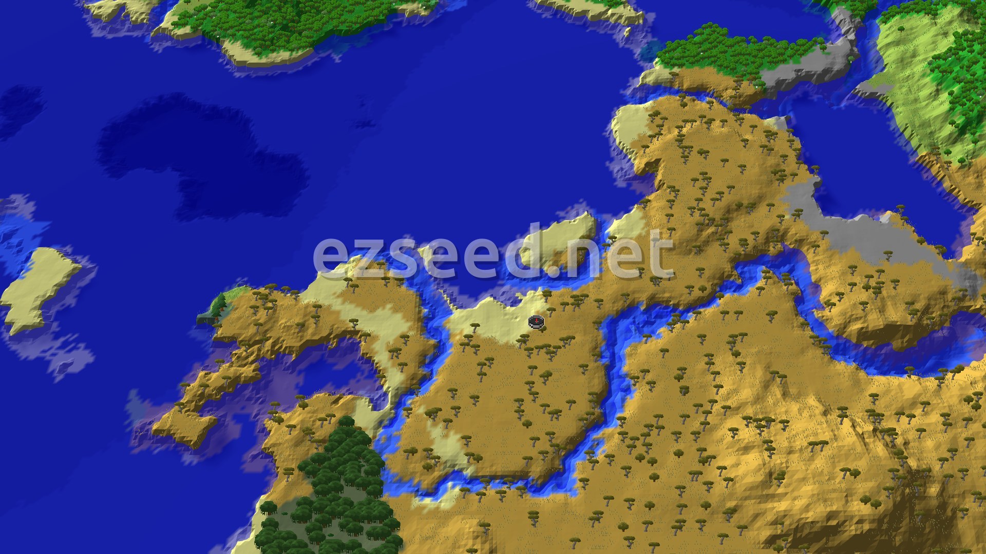 A tan savanna of scattered acacia trees cut by narrow blue inlets, with open ocean to the north and green forest on the far shores.