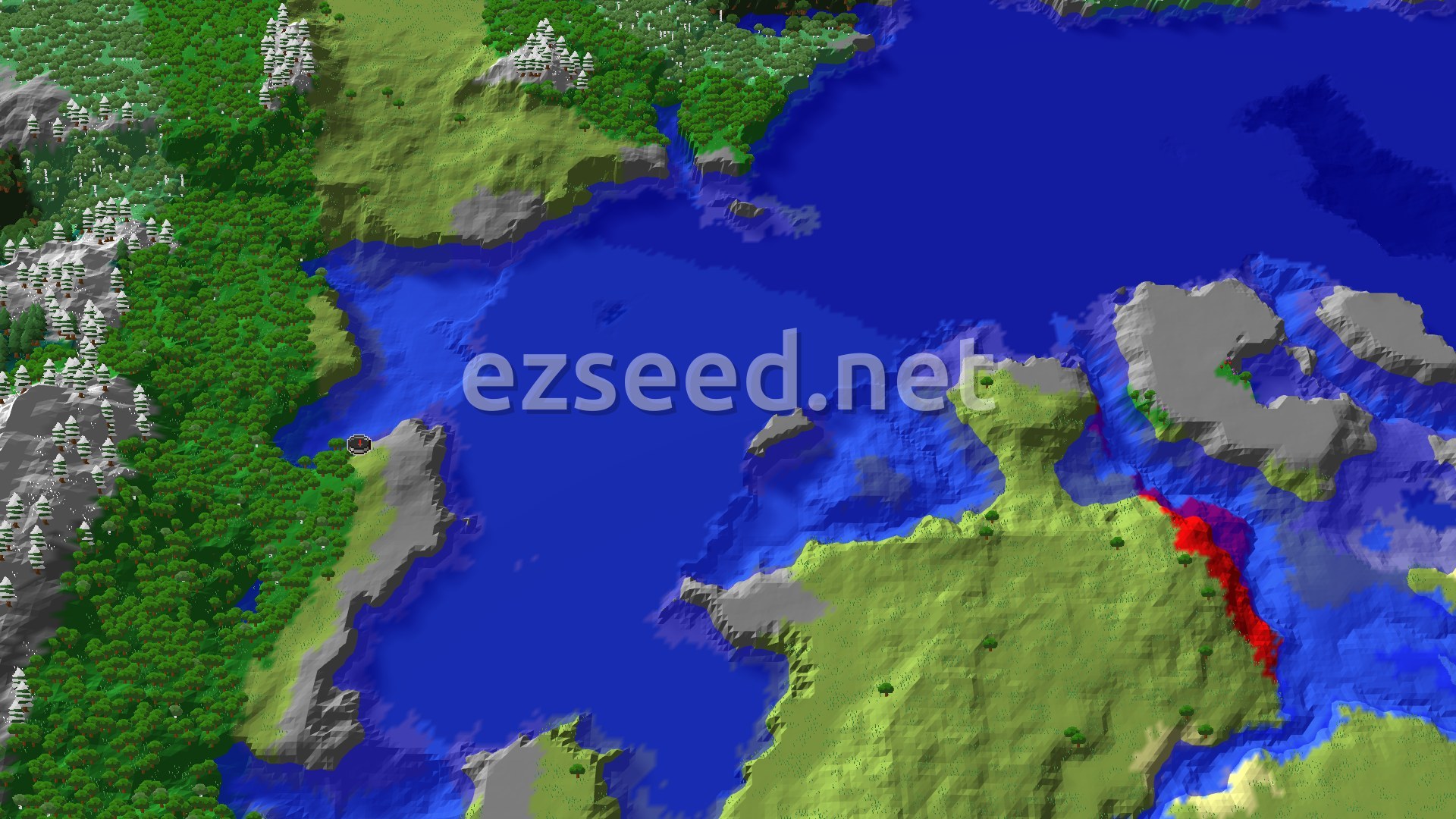 A fly-over of a blue bay with a grassy, stone-streaked shoreline on the left edge, dense green forest behind it and snowy peaks and pines along the far left.