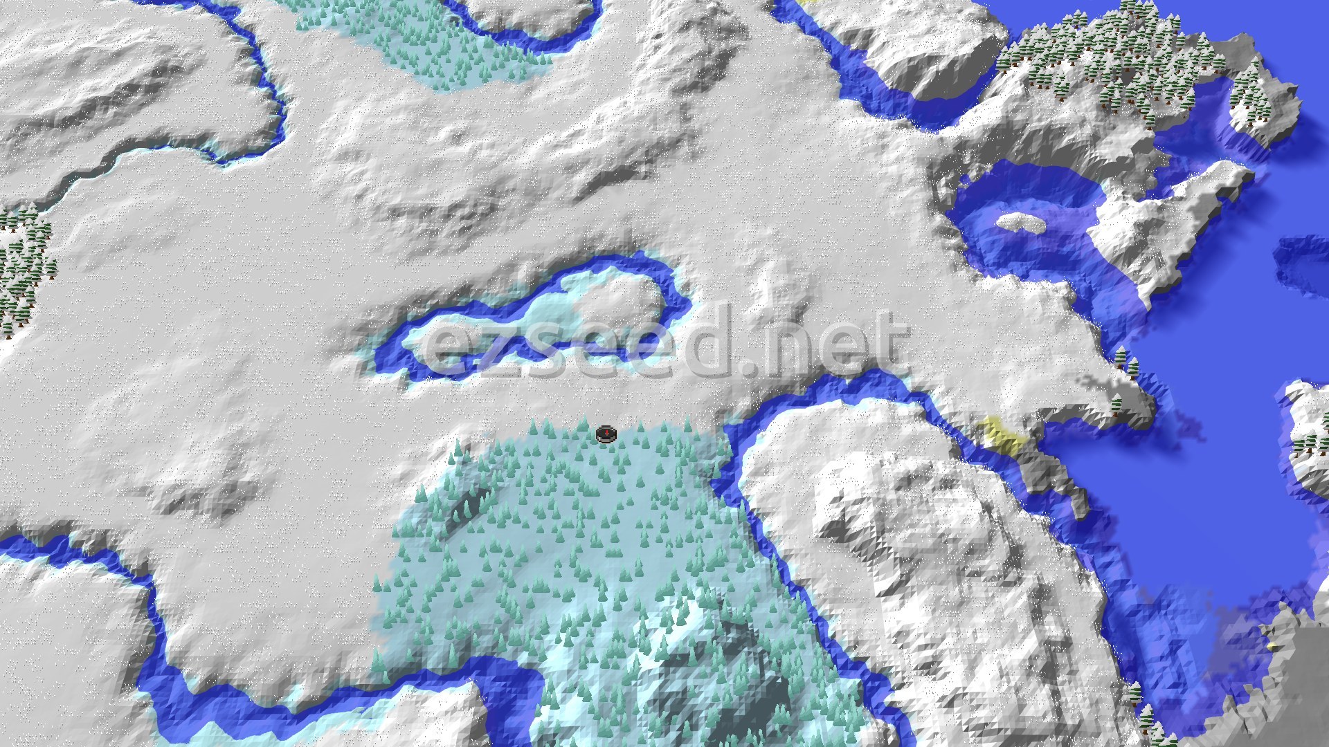 A fly-over of a white snowy plain cut by blue frozen rivers, with a patch of frosted spruce trees just south of the spawn marker and open ocean to the east.