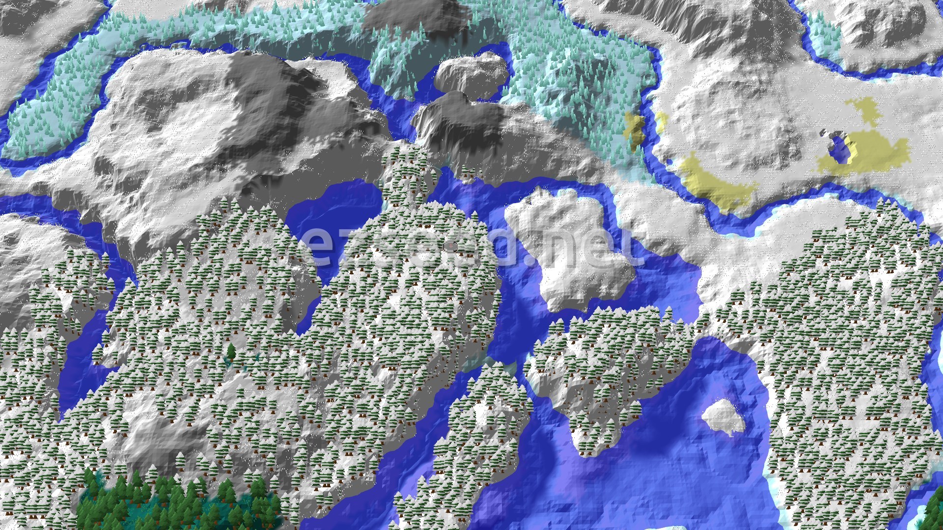 Snow-covered spruce forest on rolling white hills, cut by frozen rivers with bare grey rock faces to the north and pale snowy plains to the east.