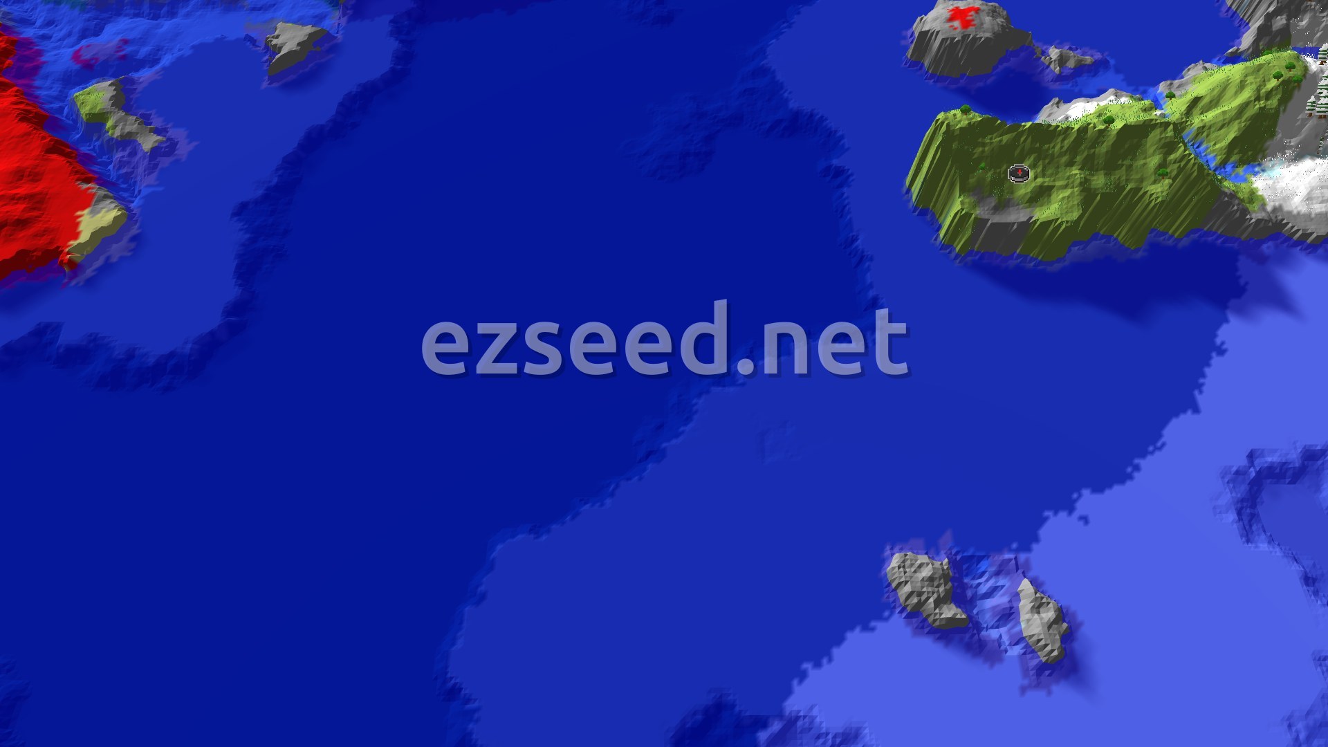 A green island of plains and grassy hills with scattered trees and snow-capped ground on its right edge, ringed by deep blue ocean and small rocky islets.