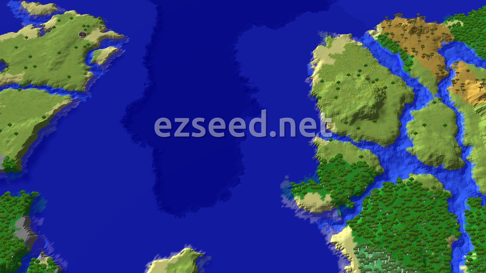 A fly-over of a green island with sandy beaches and scattered trees, surrounded by dark blue ocean, with a forested, savanna-capped coast across a channel to the east.