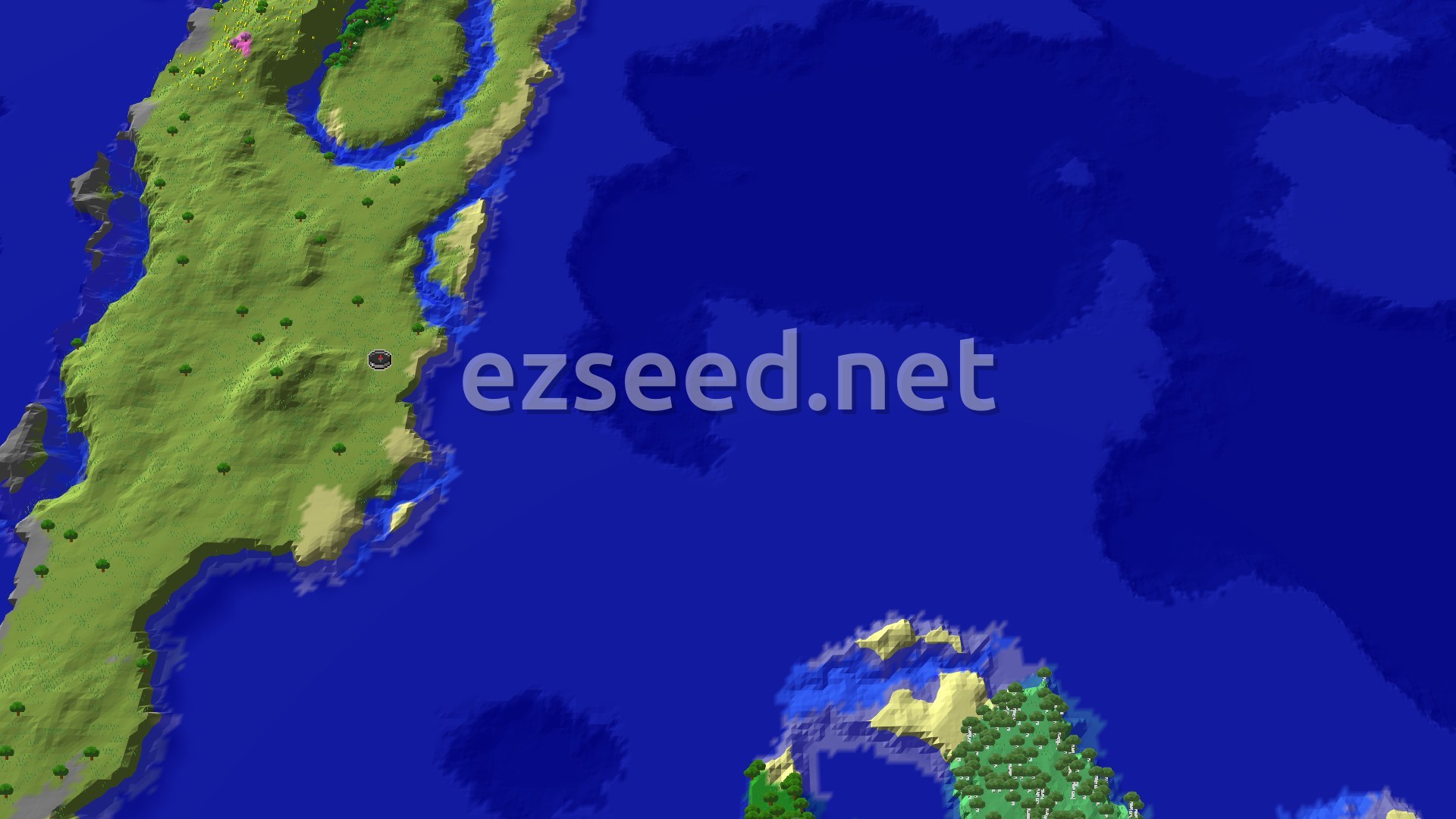 An aerial view of a large, mostly flat green island surrounded by deep blue ocean, with scattered trees and a small spawn marker near the coast.