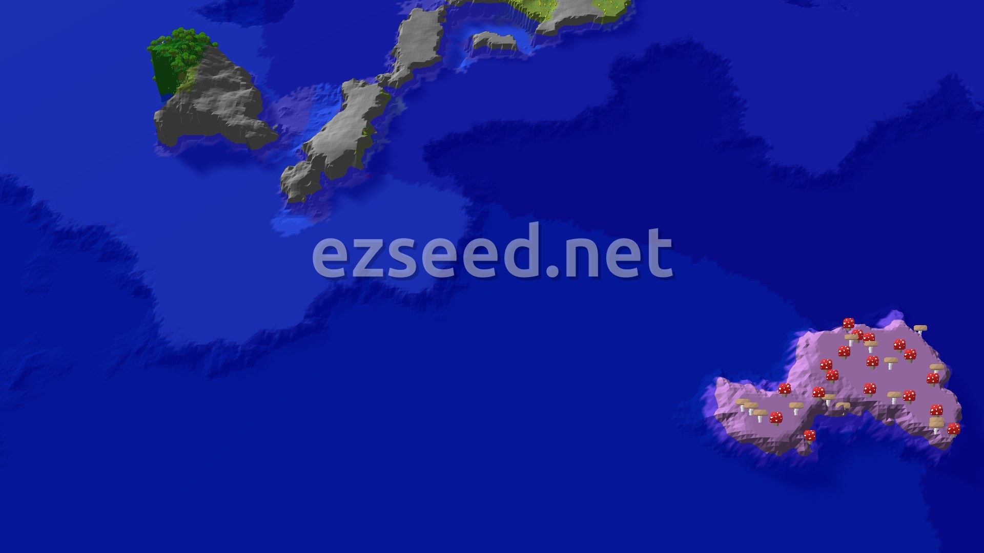 A 3D fly-over of a world showing a large island with green trees and a smaller island covered in red and brown mushrooms, all surrounded by deep blue ocean.