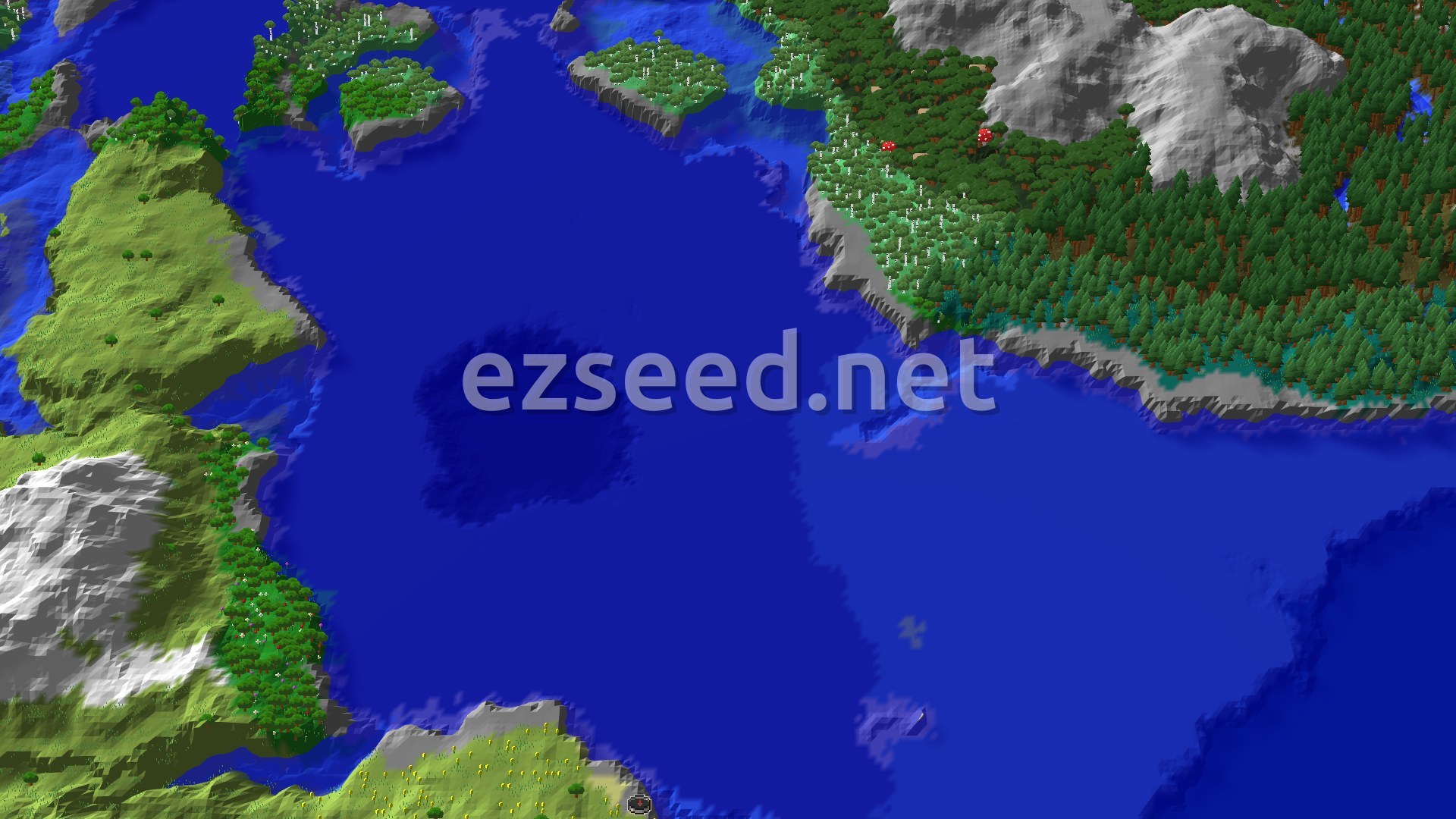 An overhead view of the world around spawn, showing a large body of water, green forests, a stony shore, and some snow-capped mountains in the distance.
