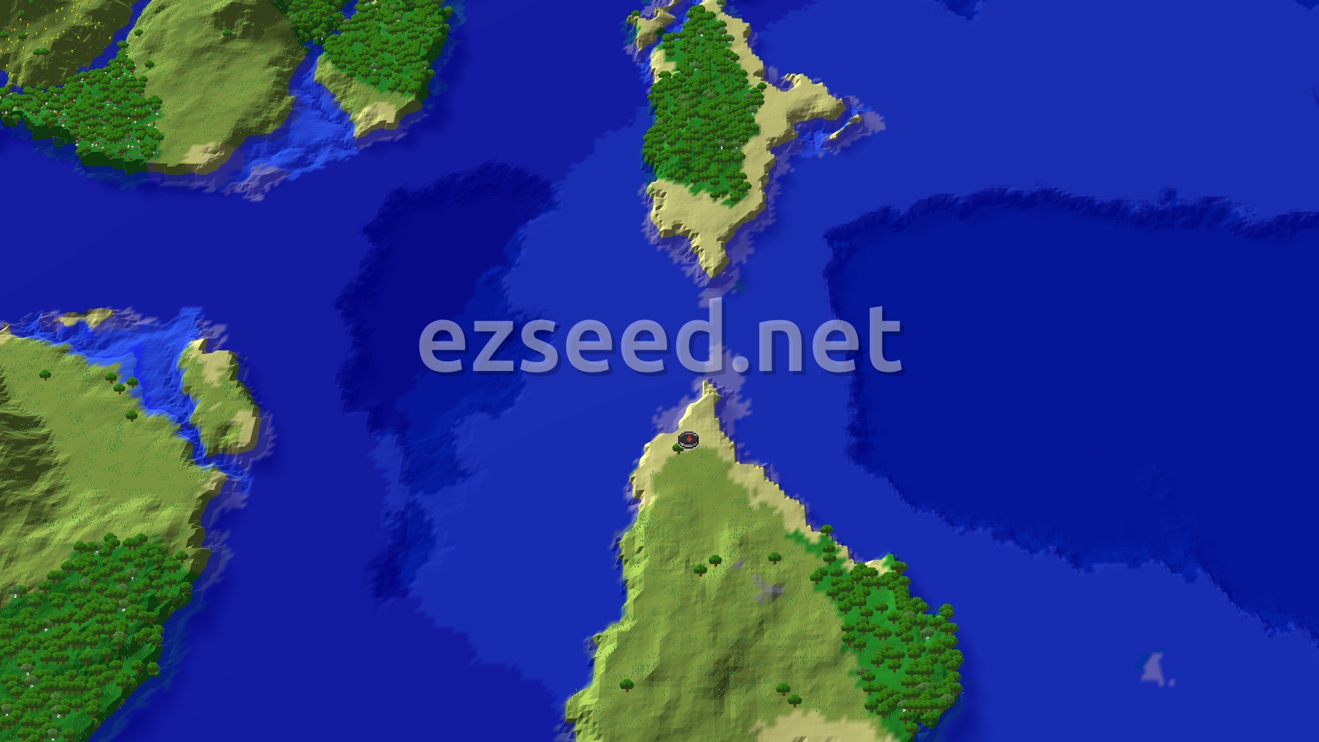 A narrow green peninsula of plains and forest pokes up from the bottom of the frame into deep blue ocean, with more forested islands scattered across the water.