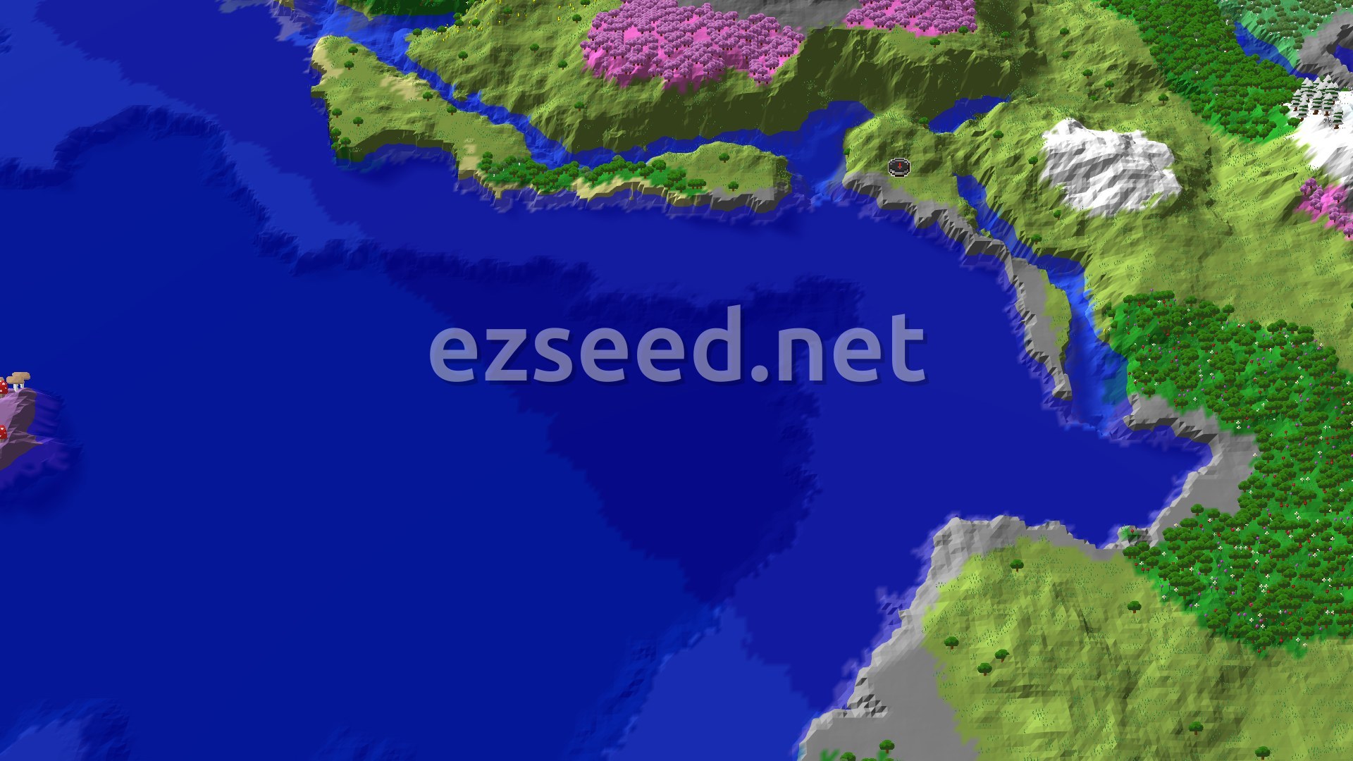 A 3D fly-over of a grey stony coastline on a wide blue bay, with grassy hills, a pink cherry canopy, a snow-capped peak and dense forest beyond.