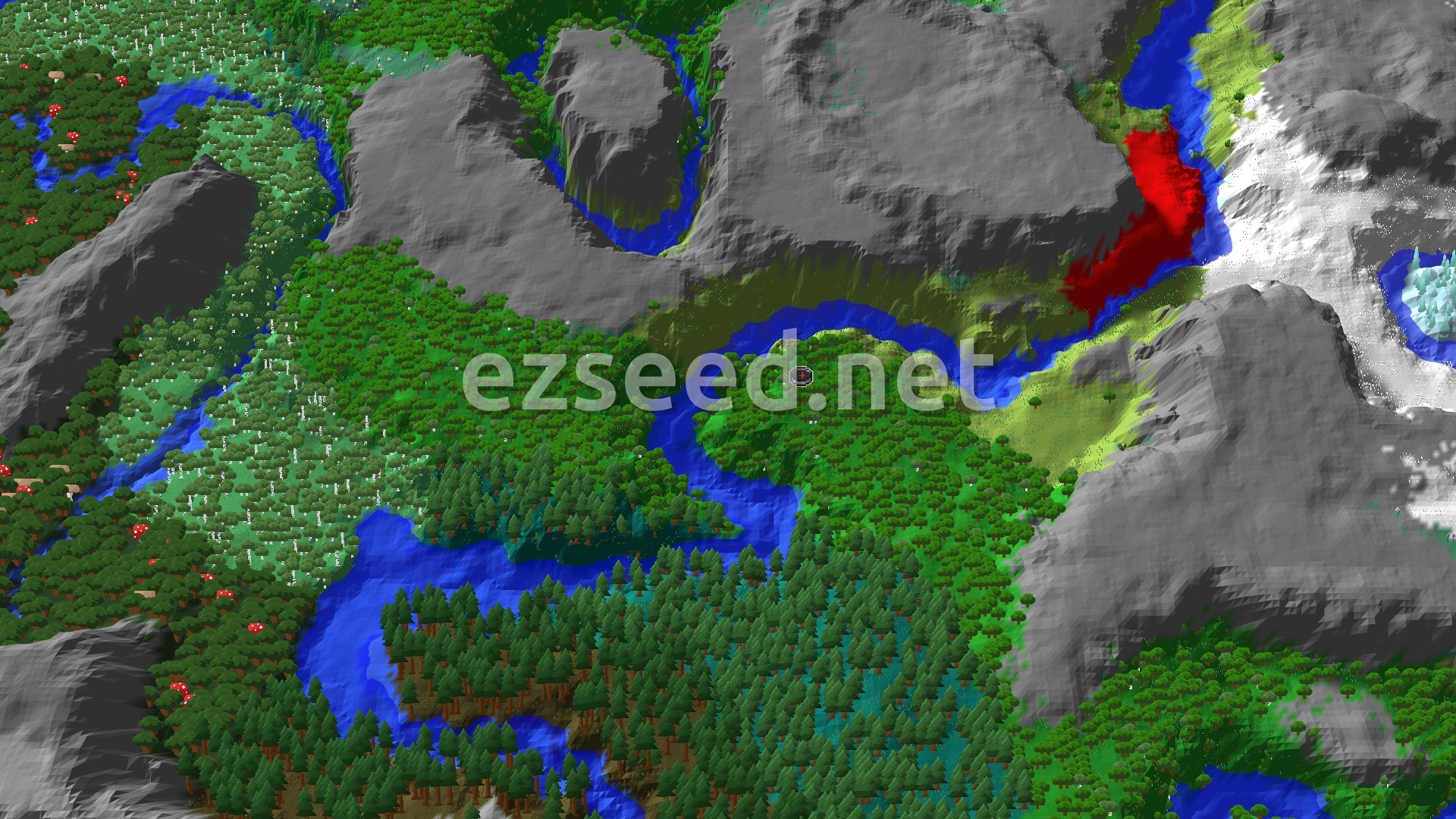 A 3D fly-over of a forested river valley with spruce stands to the south, bare grey hills to the north and east, and snow along the right edge.